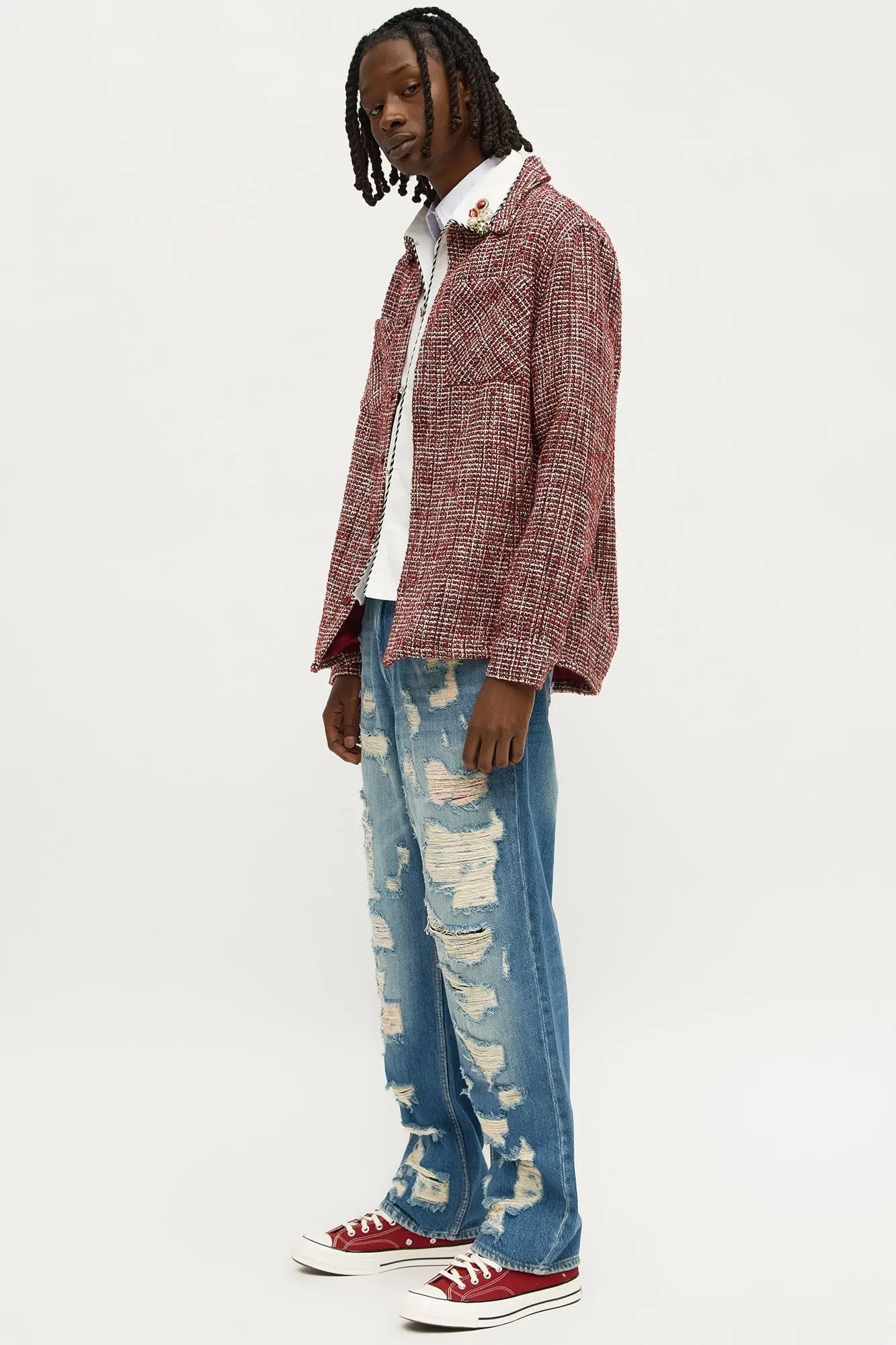 Relaxed Weaved Textured Overshirt - Red
