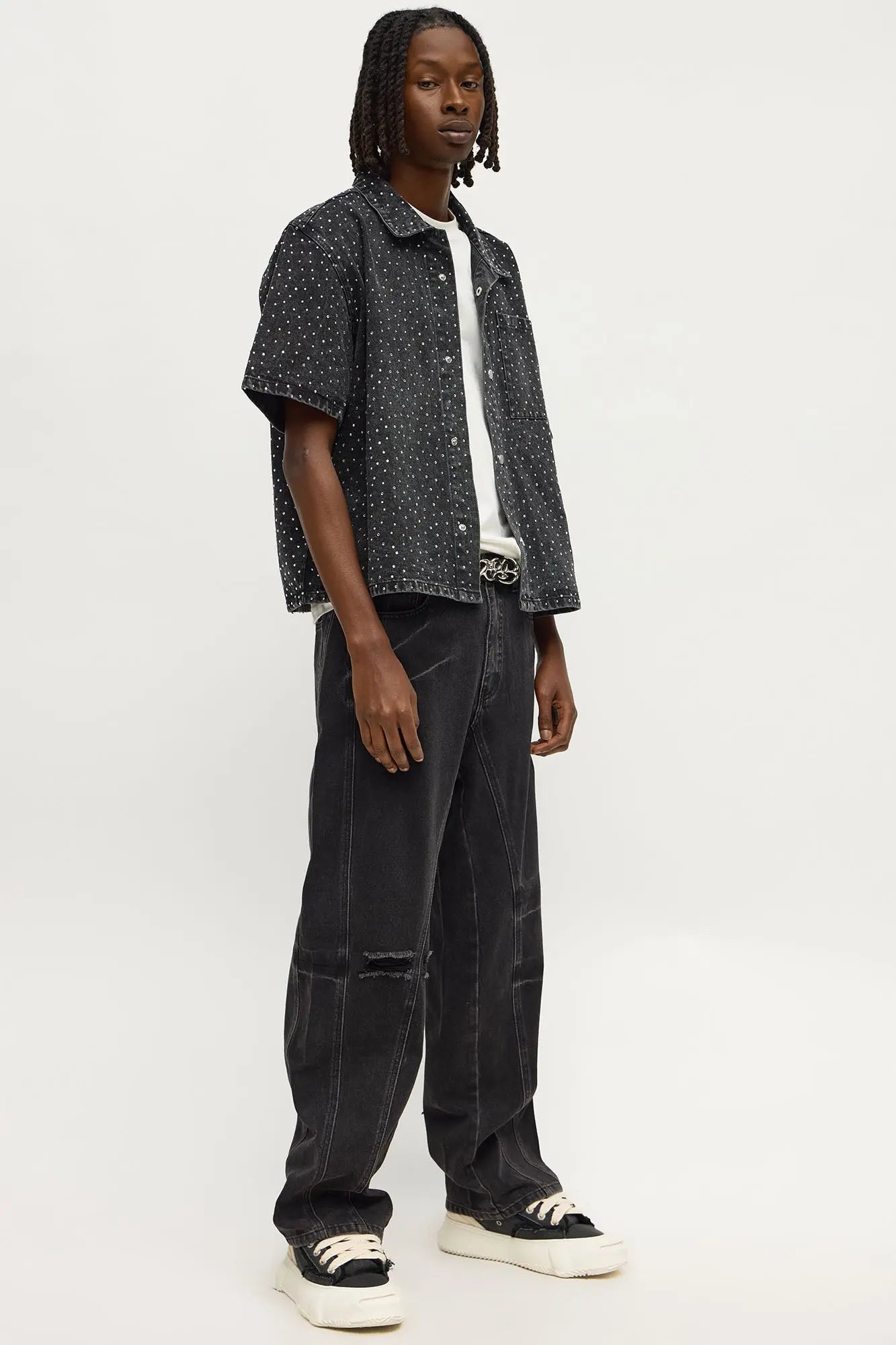 Cropped Embellished Denim Button Up Shirt - Black Wash