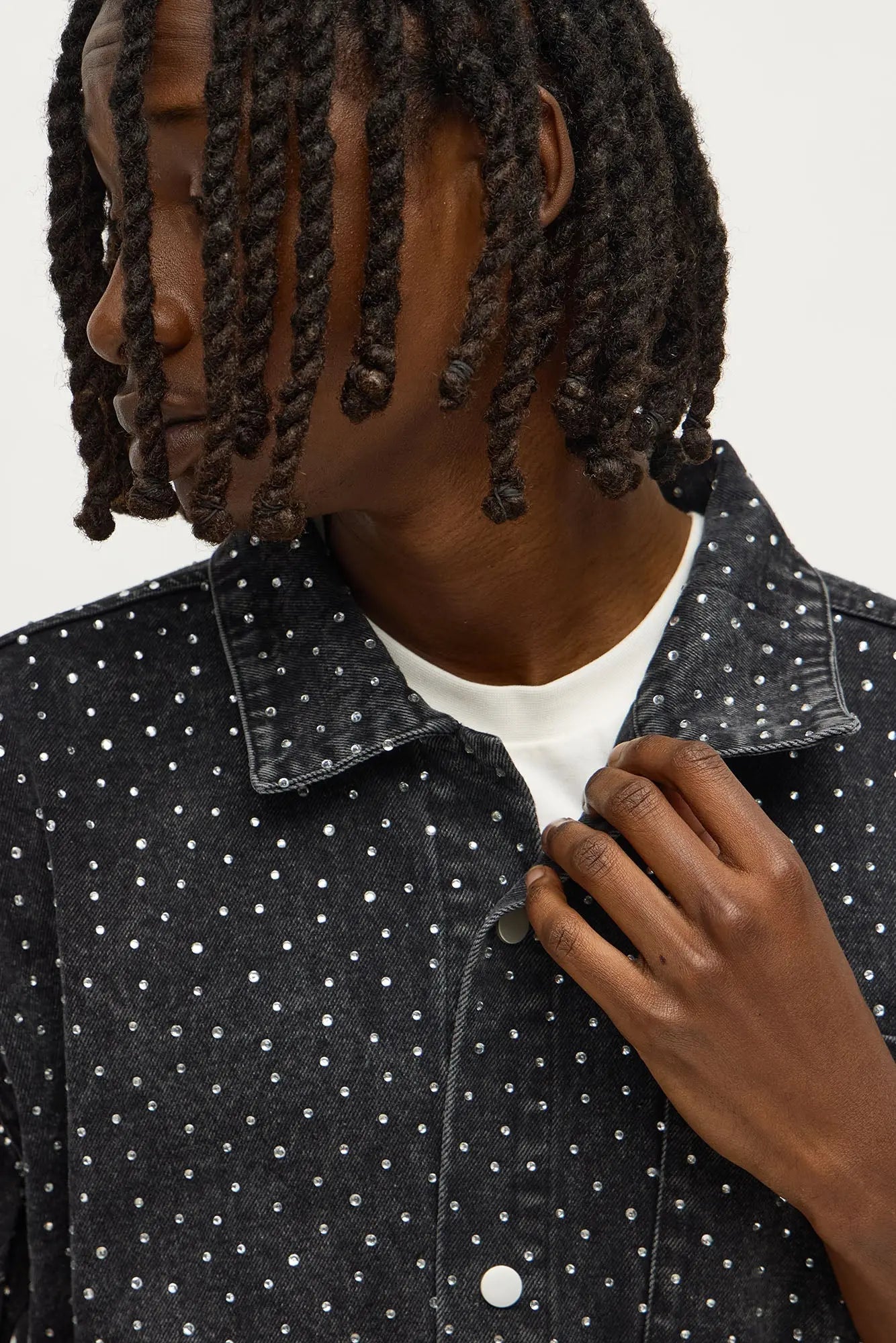 Cropped Embellished Denim Button Up Shirt - Black Wash