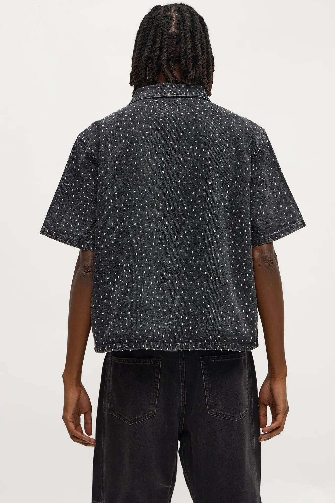 Cropped Embellished Denim Button Up Shirt - Black Wash
