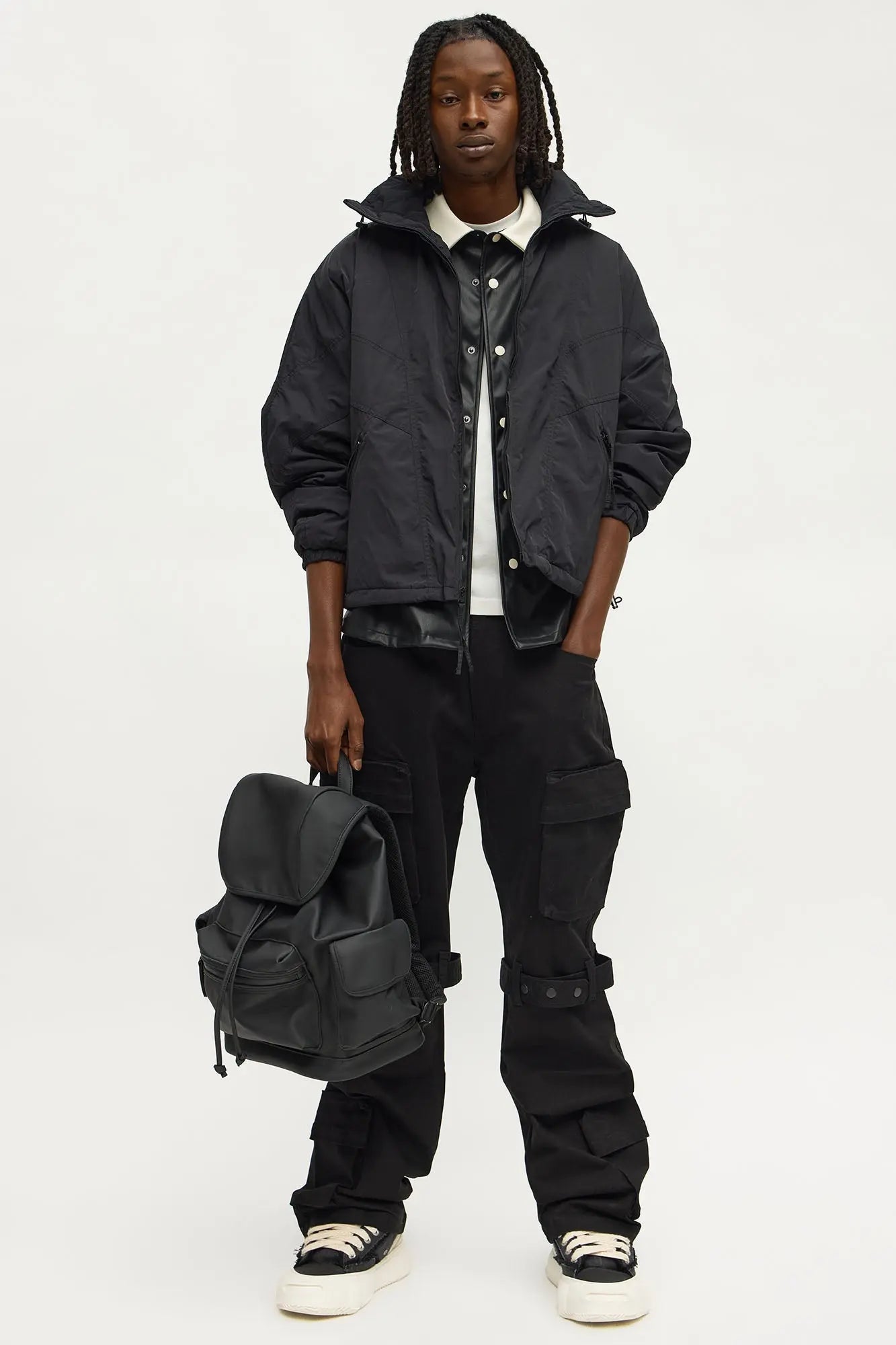 Boxy Paneled Funnel Windbreaker Jacket - Black