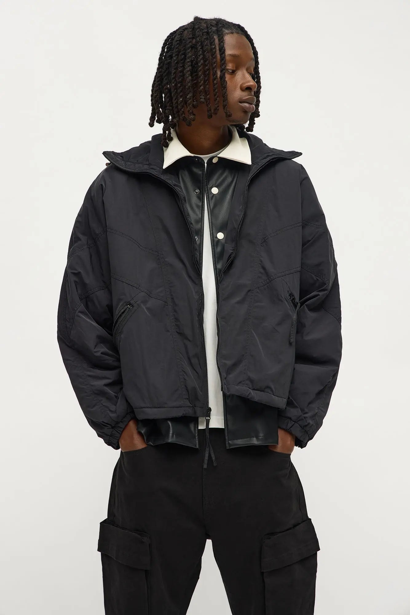 Boxy Paneled Funnel Windbreaker Jacket - Black