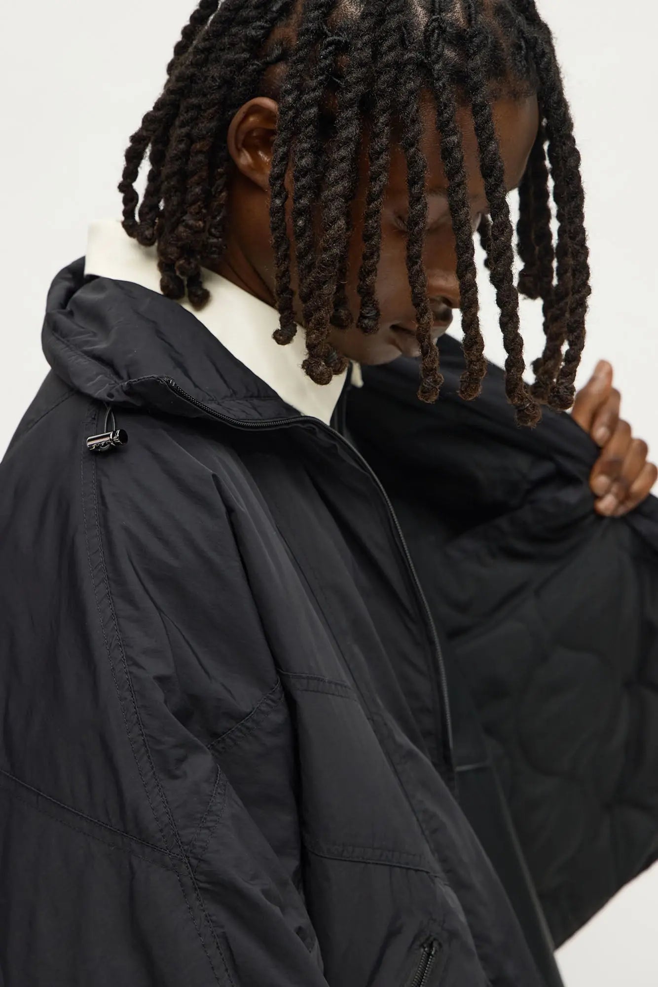 Boxy Paneled Funnel Windbreaker Jacket - Black