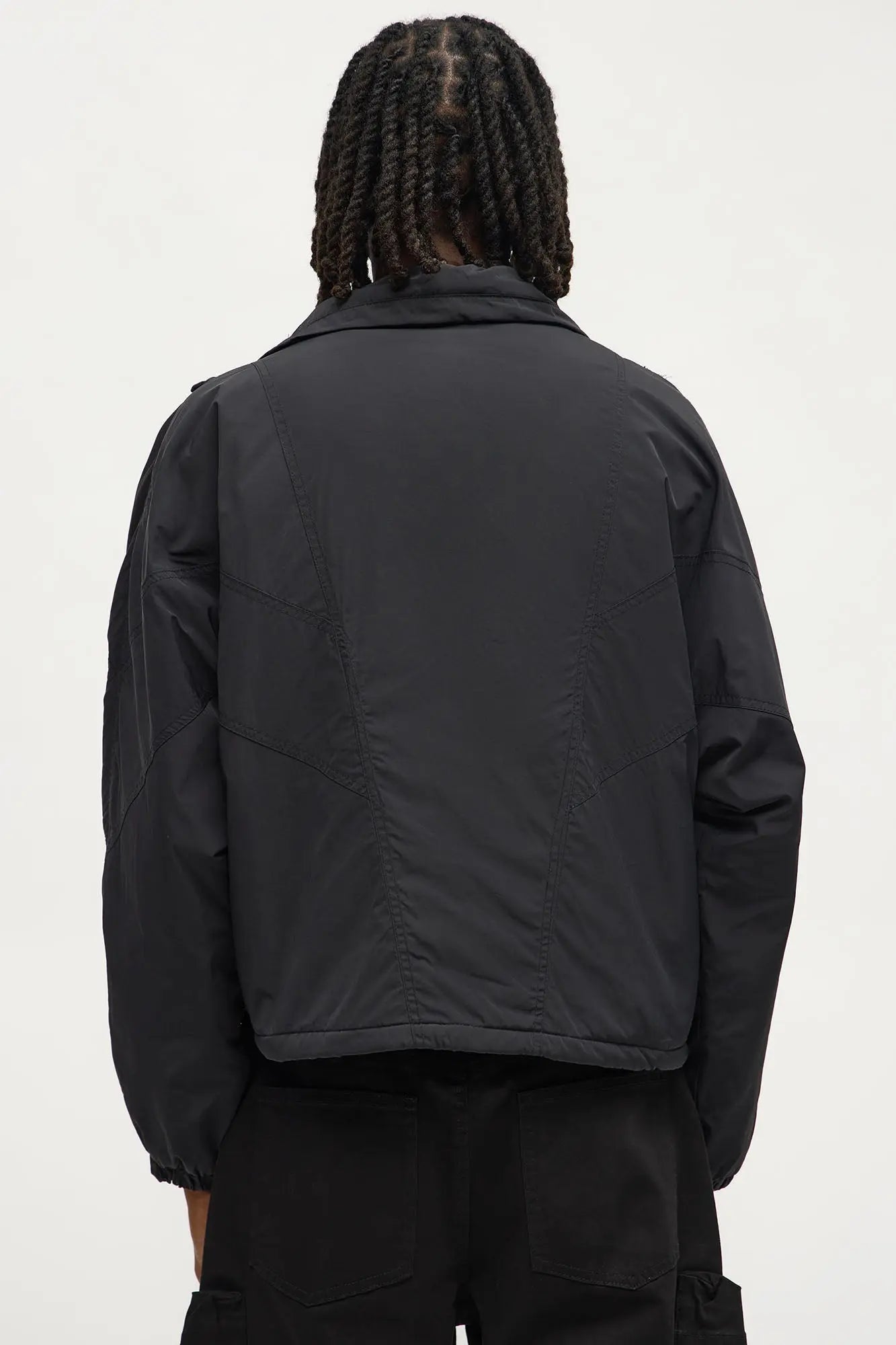 Boxy Paneled Funnel Windbreaker Jacket - Black