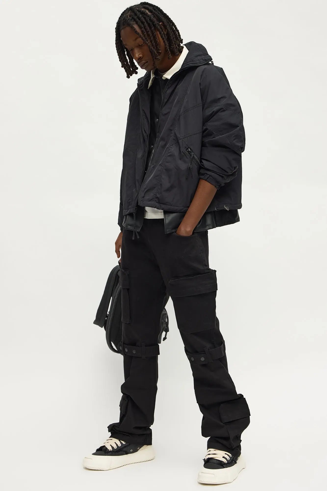 Stacked Slim Flare Knee Strap Cargo Pant - Black