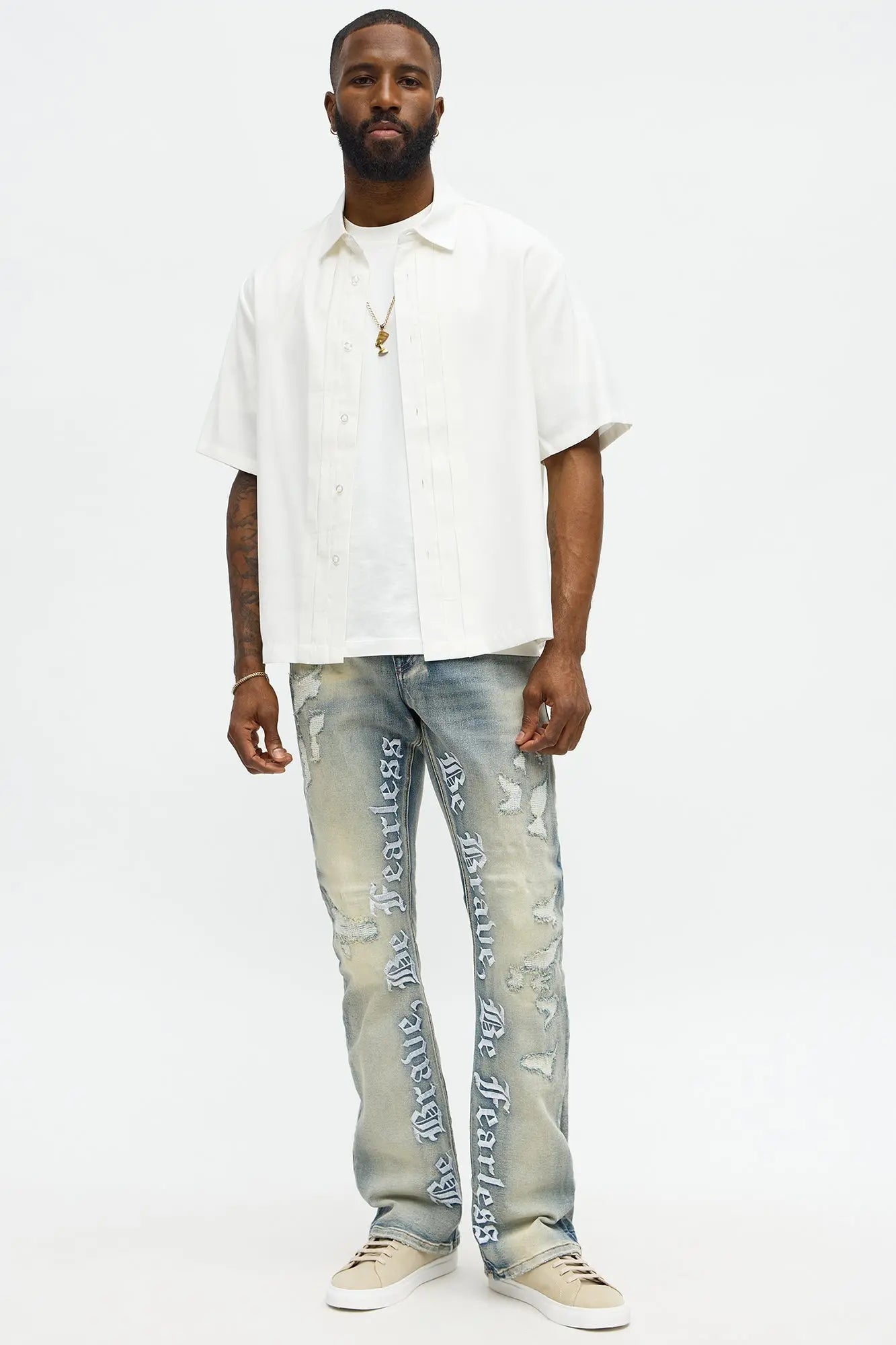 Stacked Skinny Flare Be Brave Be Fearless Embridered Jean - Vintage Blue Wash