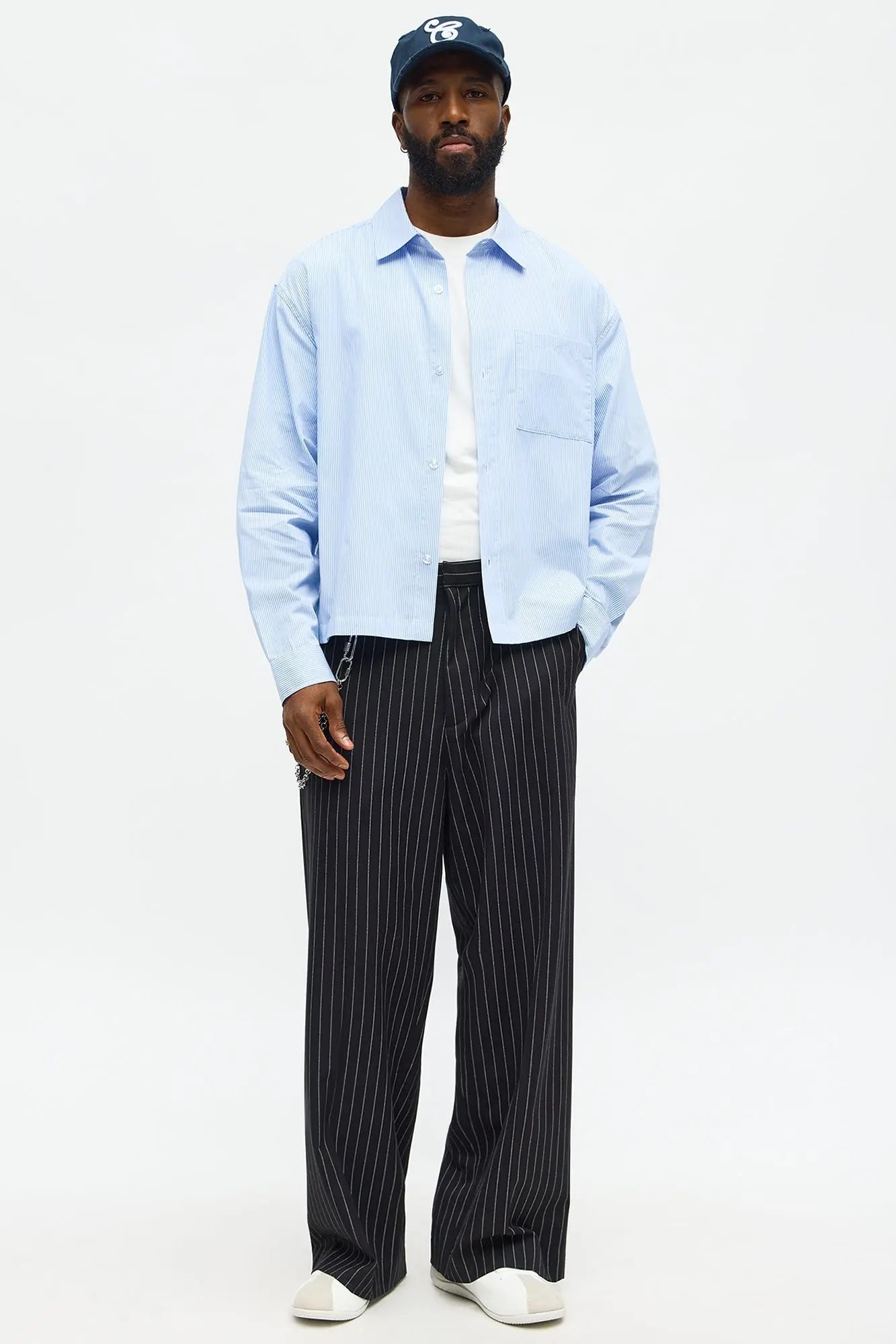 Cropped Top Thingz Striped Long Sleeve Button Up Shirt - Blue