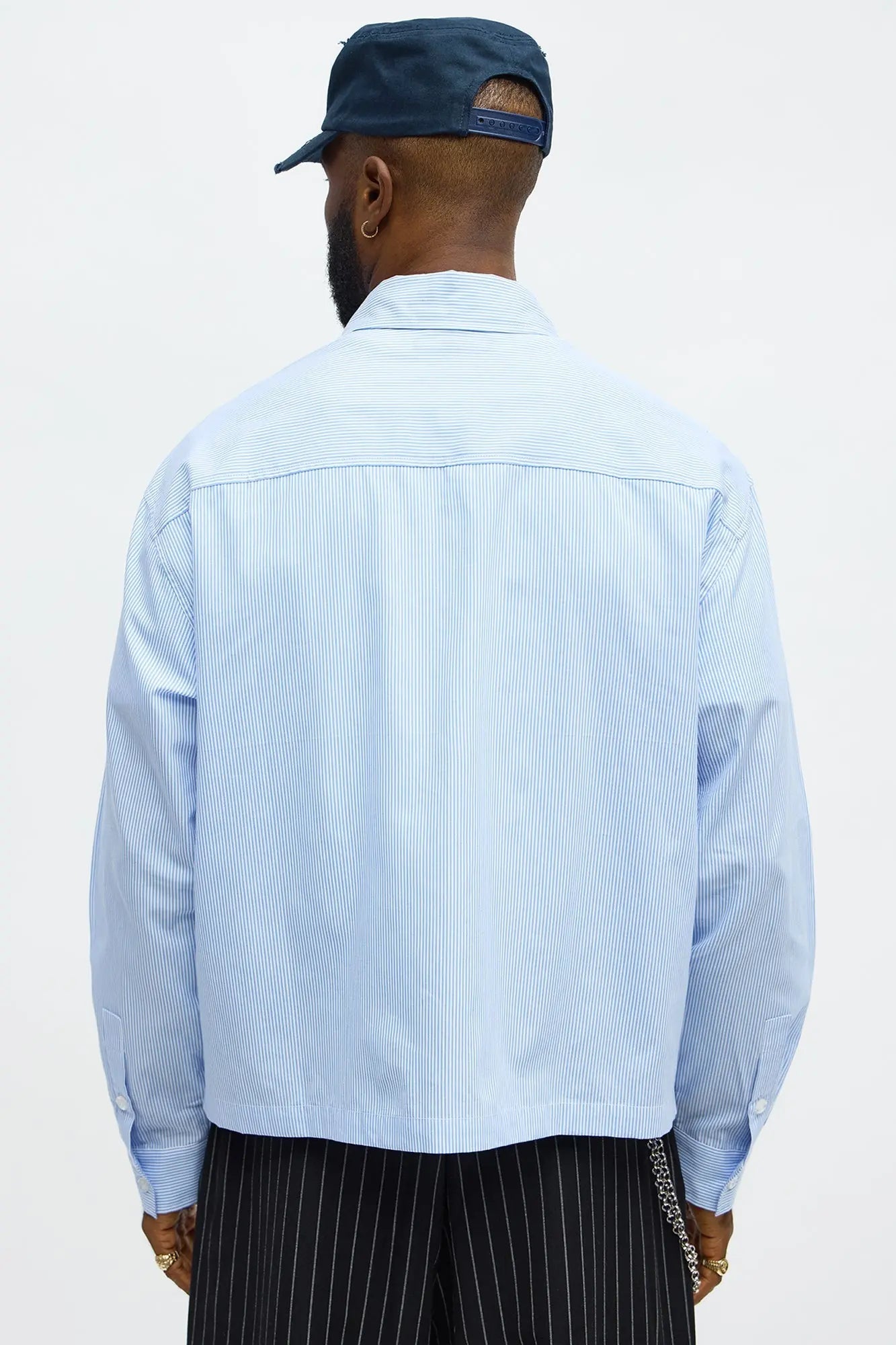 Cropped Top Thingz Striped Long Sleeve Button Up Shirt - Blue
