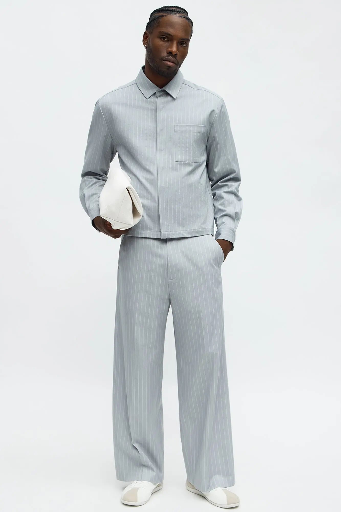 Cropped Striped Button Up Shirt - Light Blue