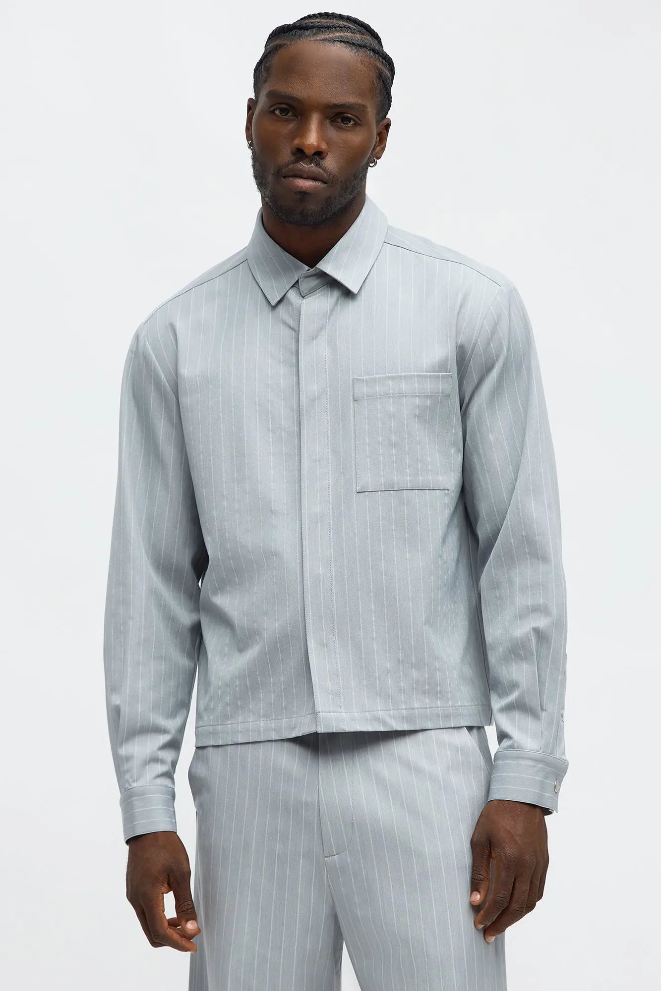 Cropped Striped Button Up Shirt - Light Blue