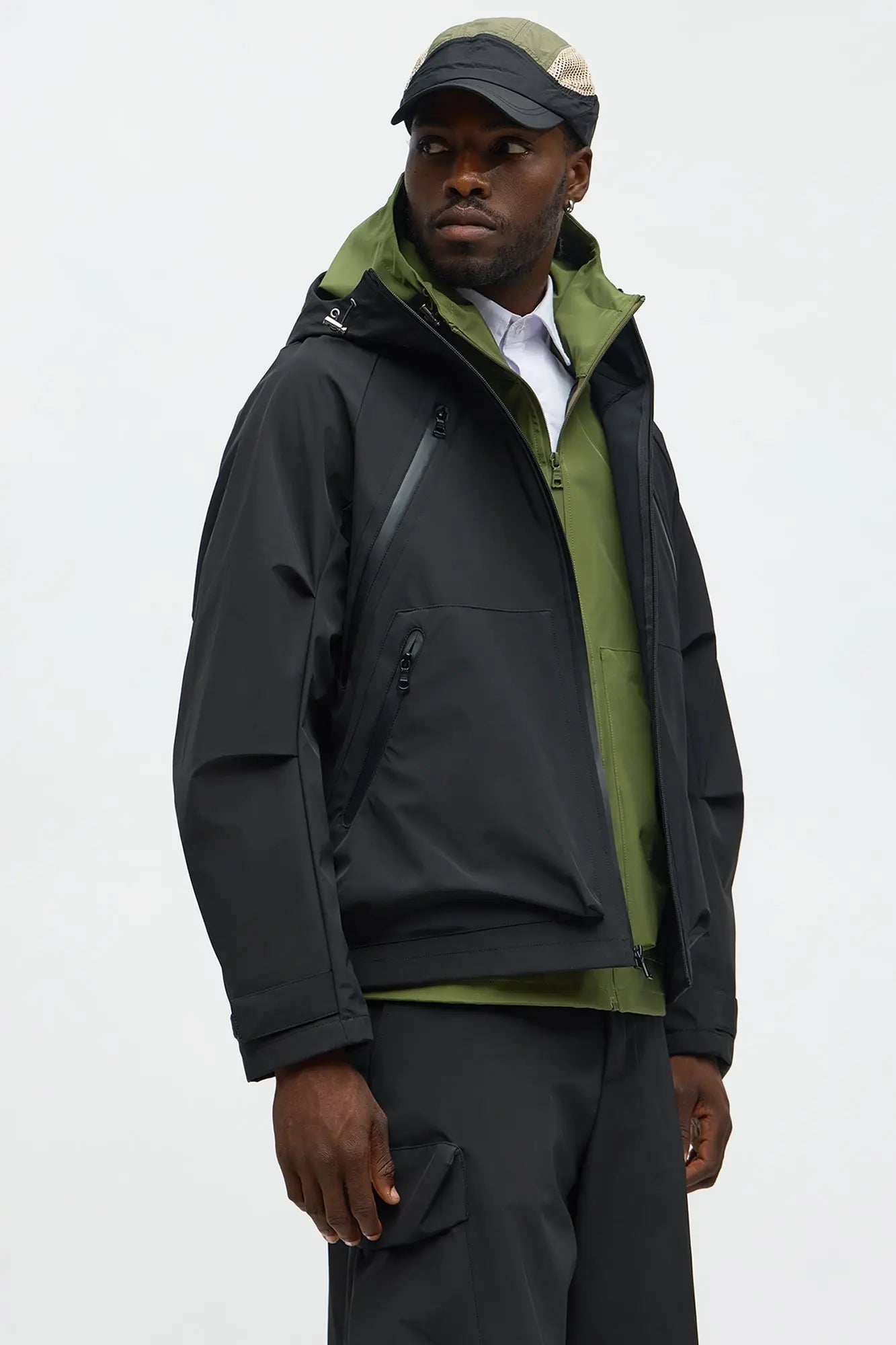 Relaxed Peak Hooded Tech Zip Jacket - Black