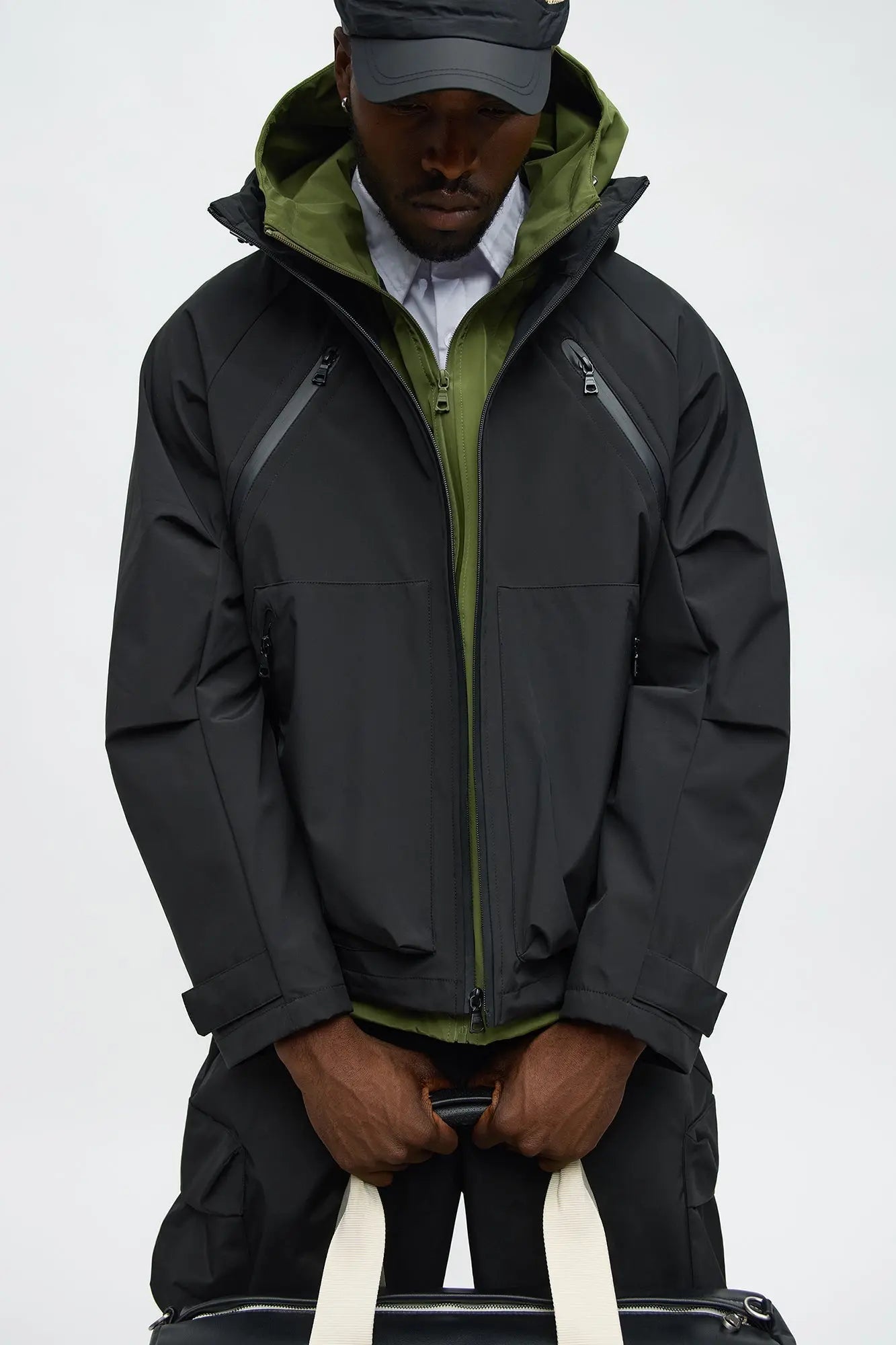 Relaxed Peak Hooded Tech Zip Jacket - Black