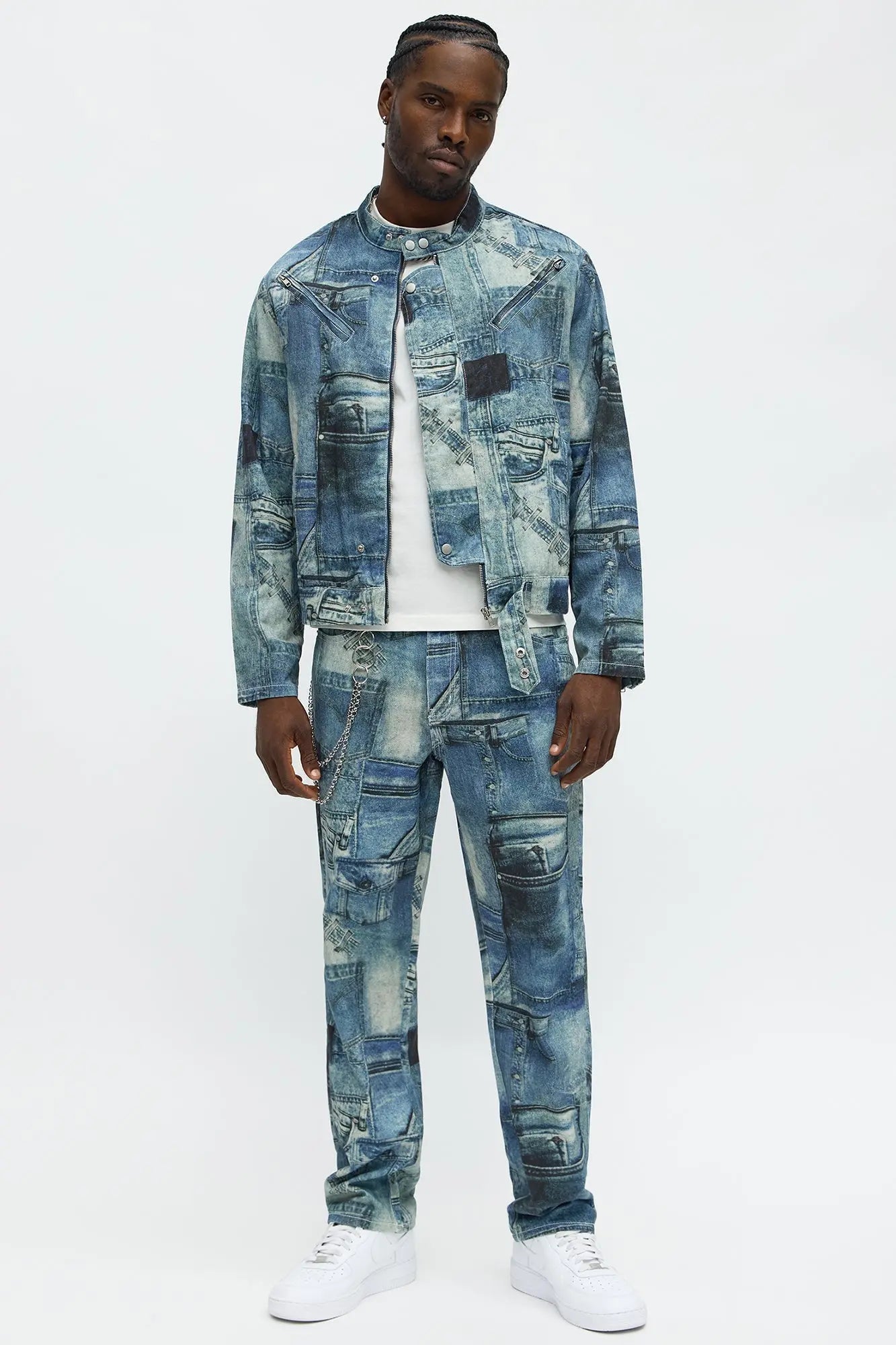 Denim Printed Moto Jacket - Blue