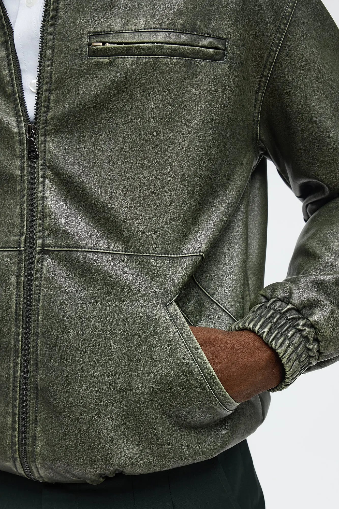 Relaxed Faux Leather Blurred Lines Zip Jacket - Green