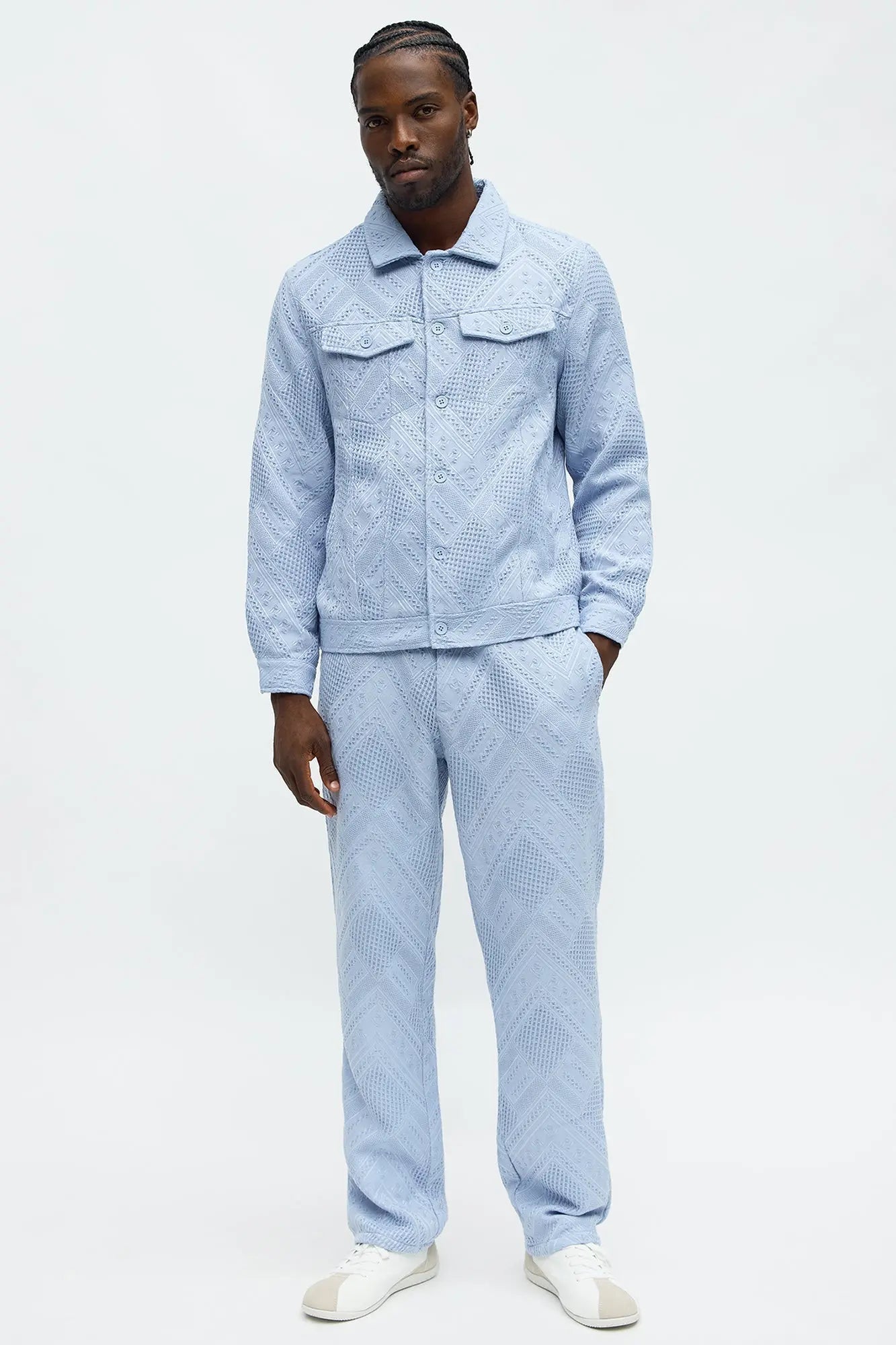Relaxed Twist Weave Textured Trucker Jacket - Light Blue