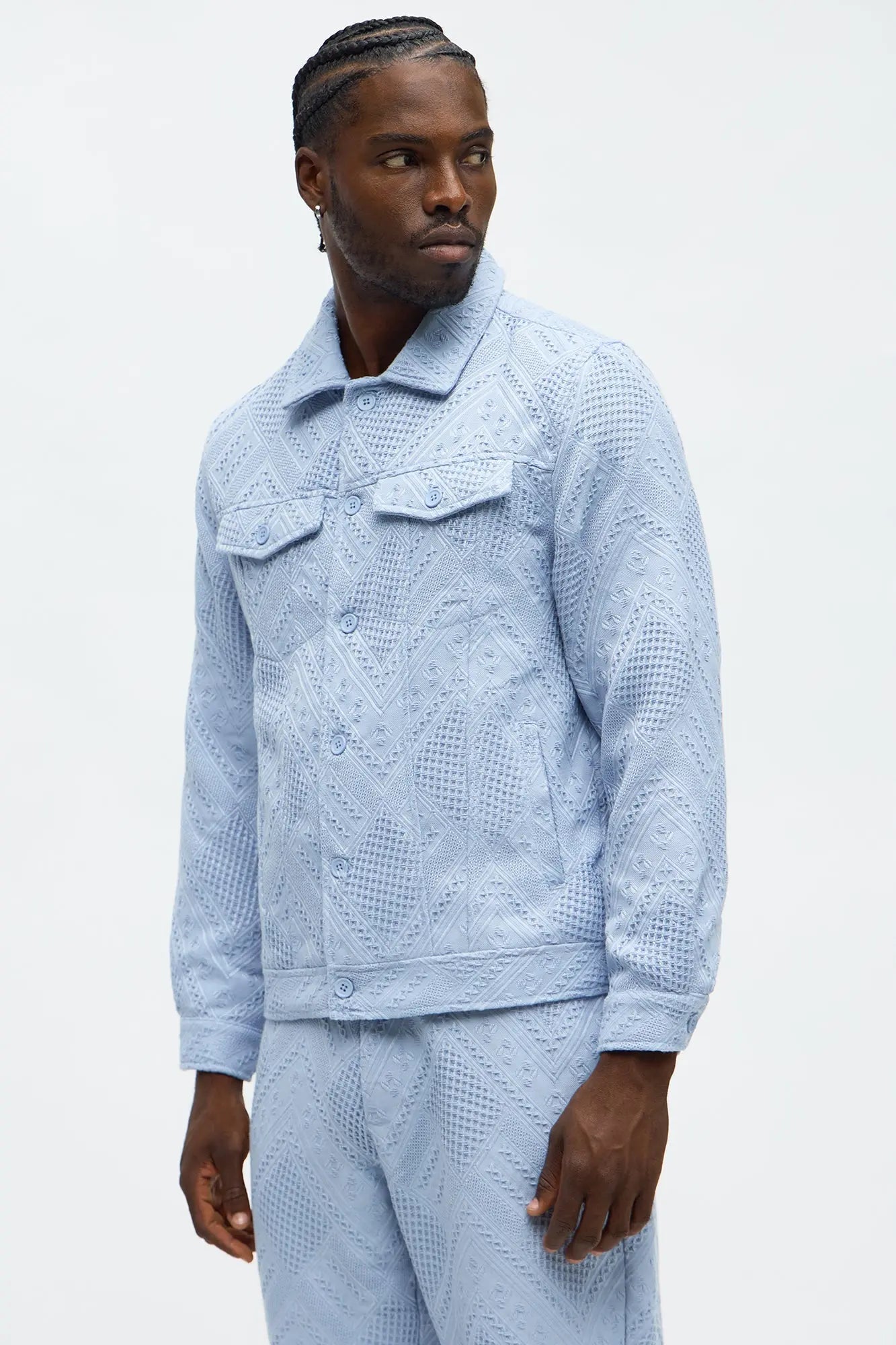 Relaxed Twist Weave Textured Trucker Jacket - Light Blue