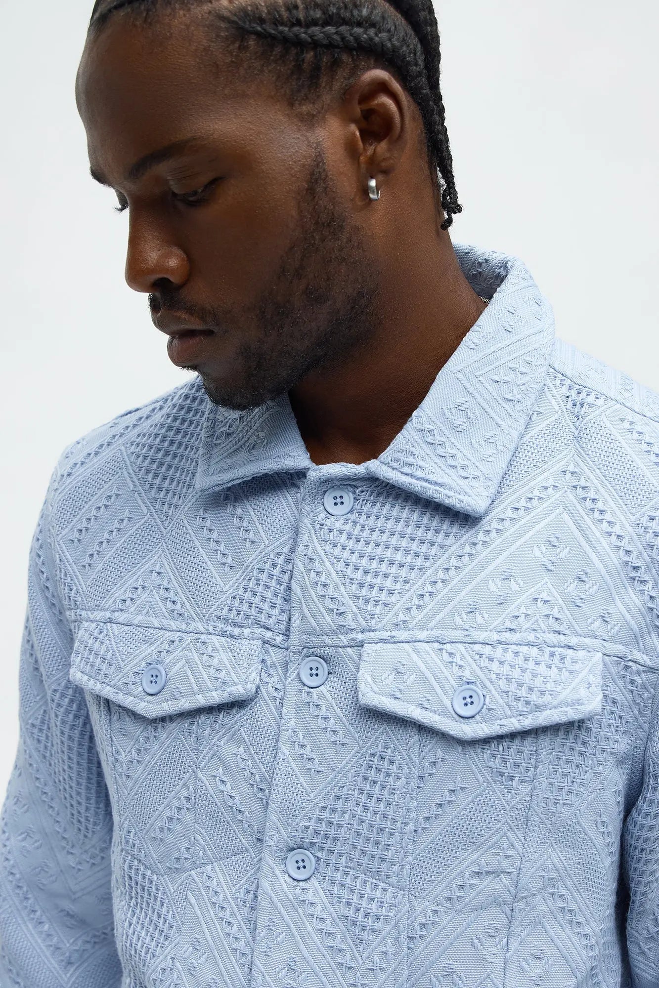 Relaxed Twist Weave Textured Trucker Jacket - Light Blue
