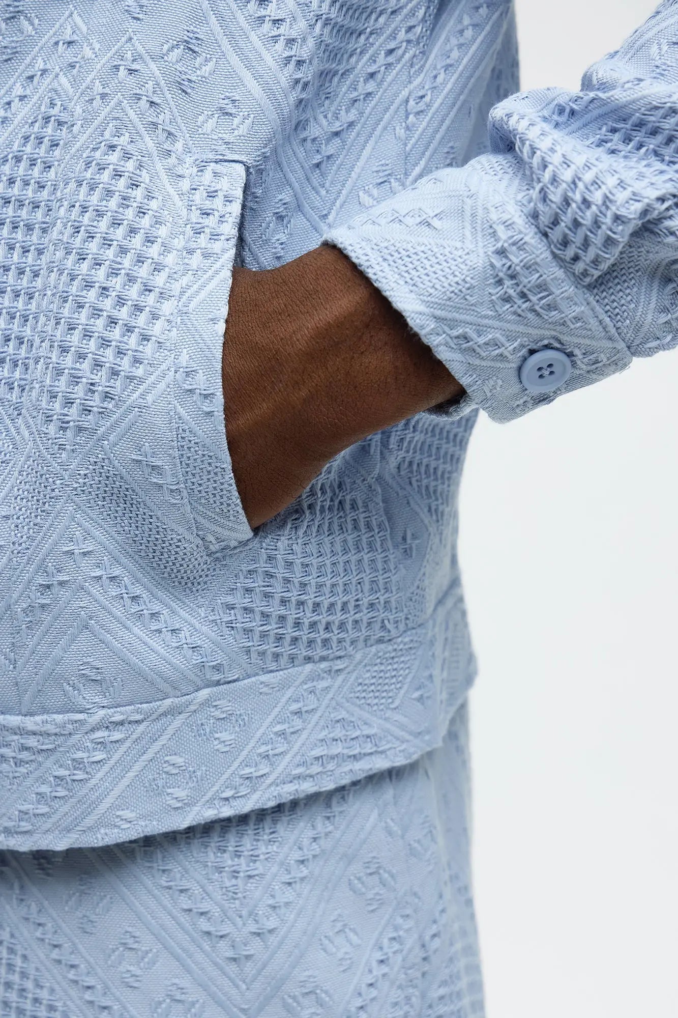 Relaxed Twist Weave Textured Trucker Jacket - Light Blue