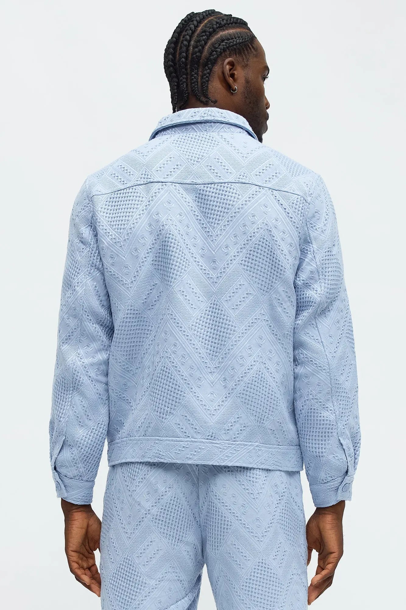 Relaxed Twist Weave Textured Trucker Jacket - Light Blue