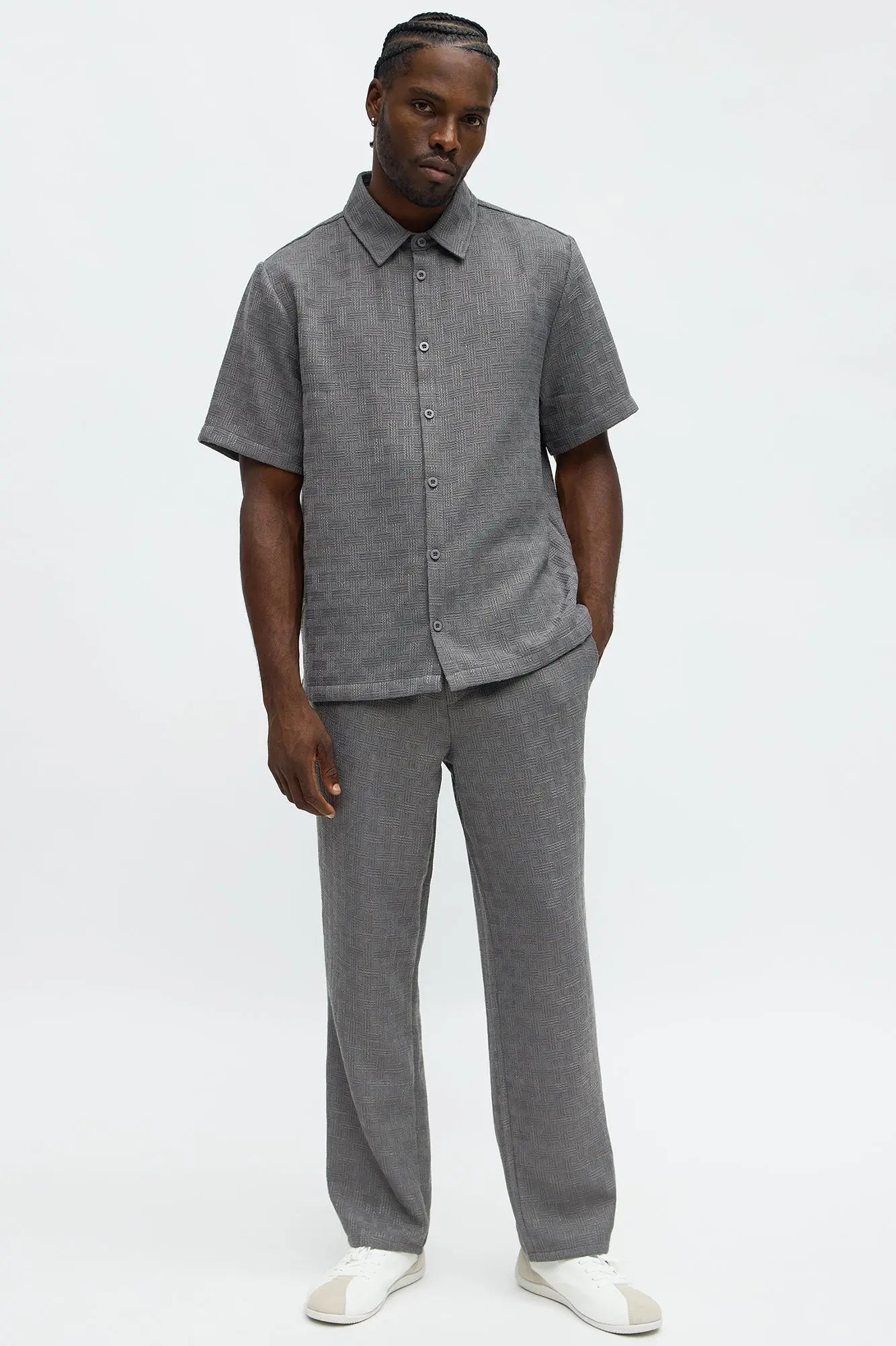 Crosshatch Textured Short Sleeve Button Up Shirt - Grey