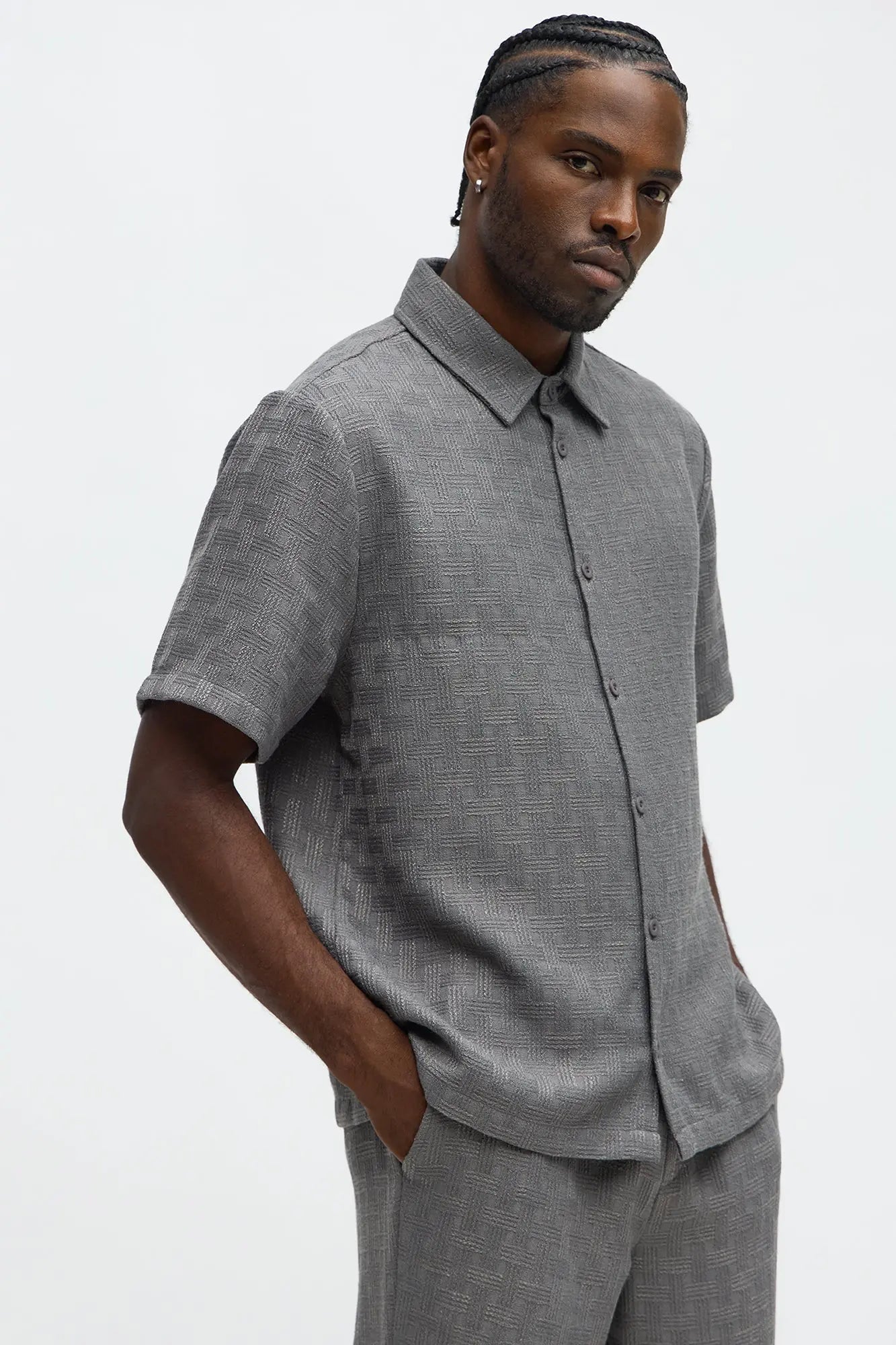 Crosshatch Textured Short Sleeve Button Up Shirt - Grey