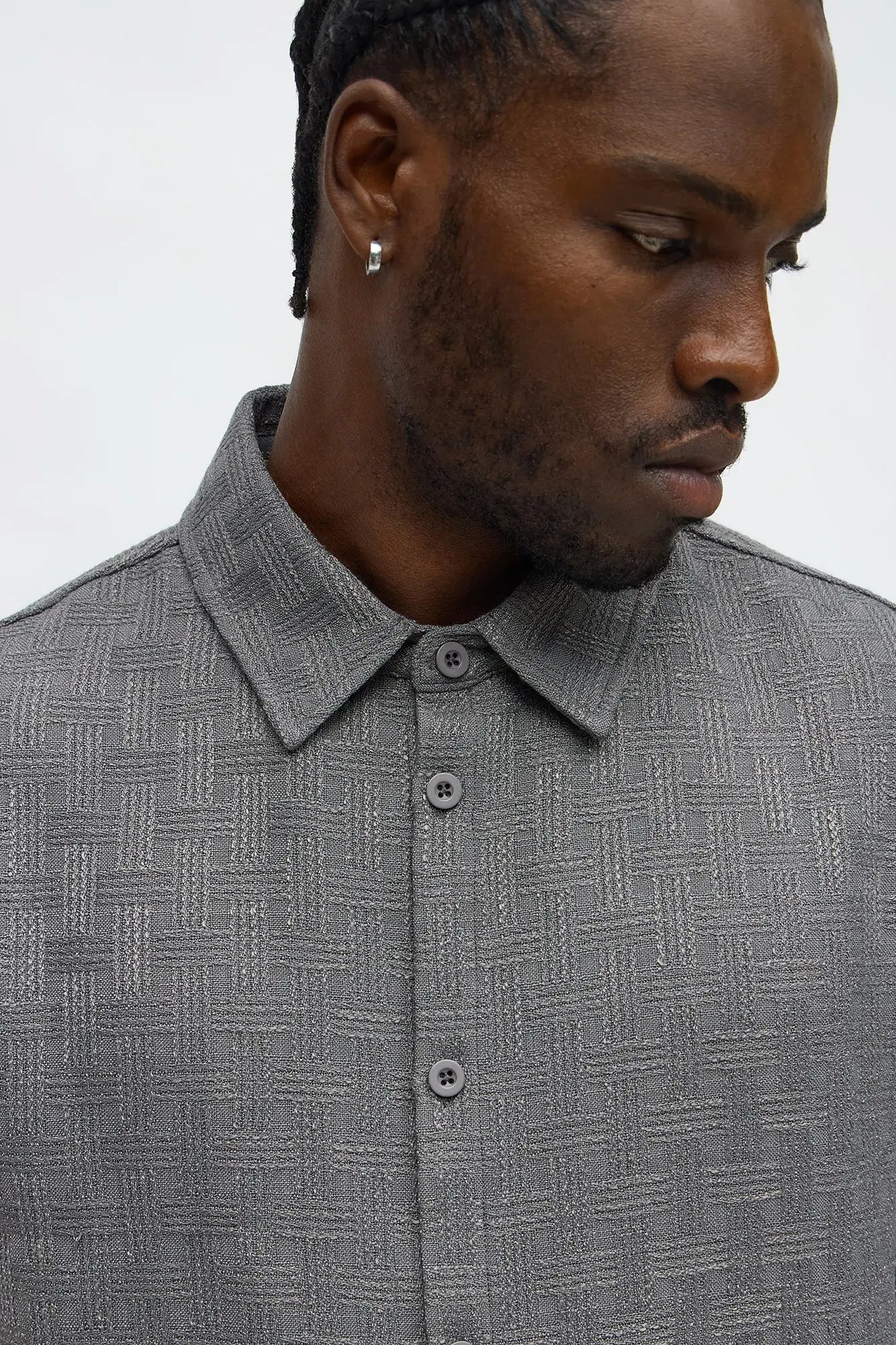 Crosshatch Textured Short Sleeve Button Up Shirt - Grey