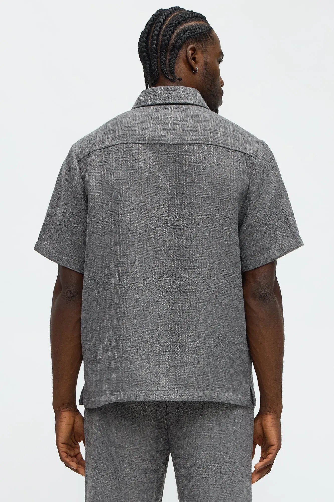 Crosshatch Textured Short Sleeve Button Up Shirt - Grey