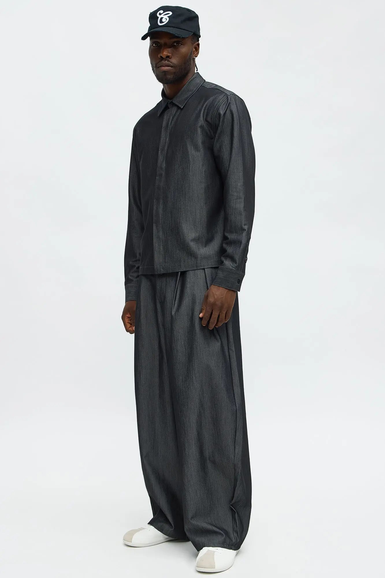 Cropped Bold Flow Button Up Shirt - Charcoal