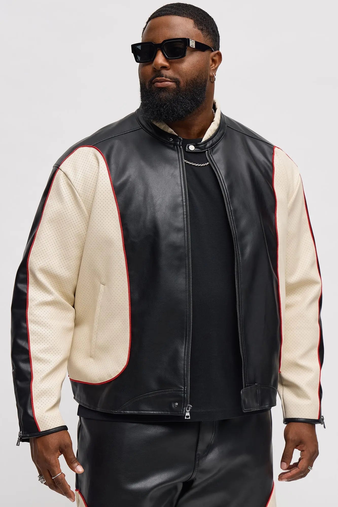 Relaxed Faux Leather Paneled Moto Jacket - Black/combo