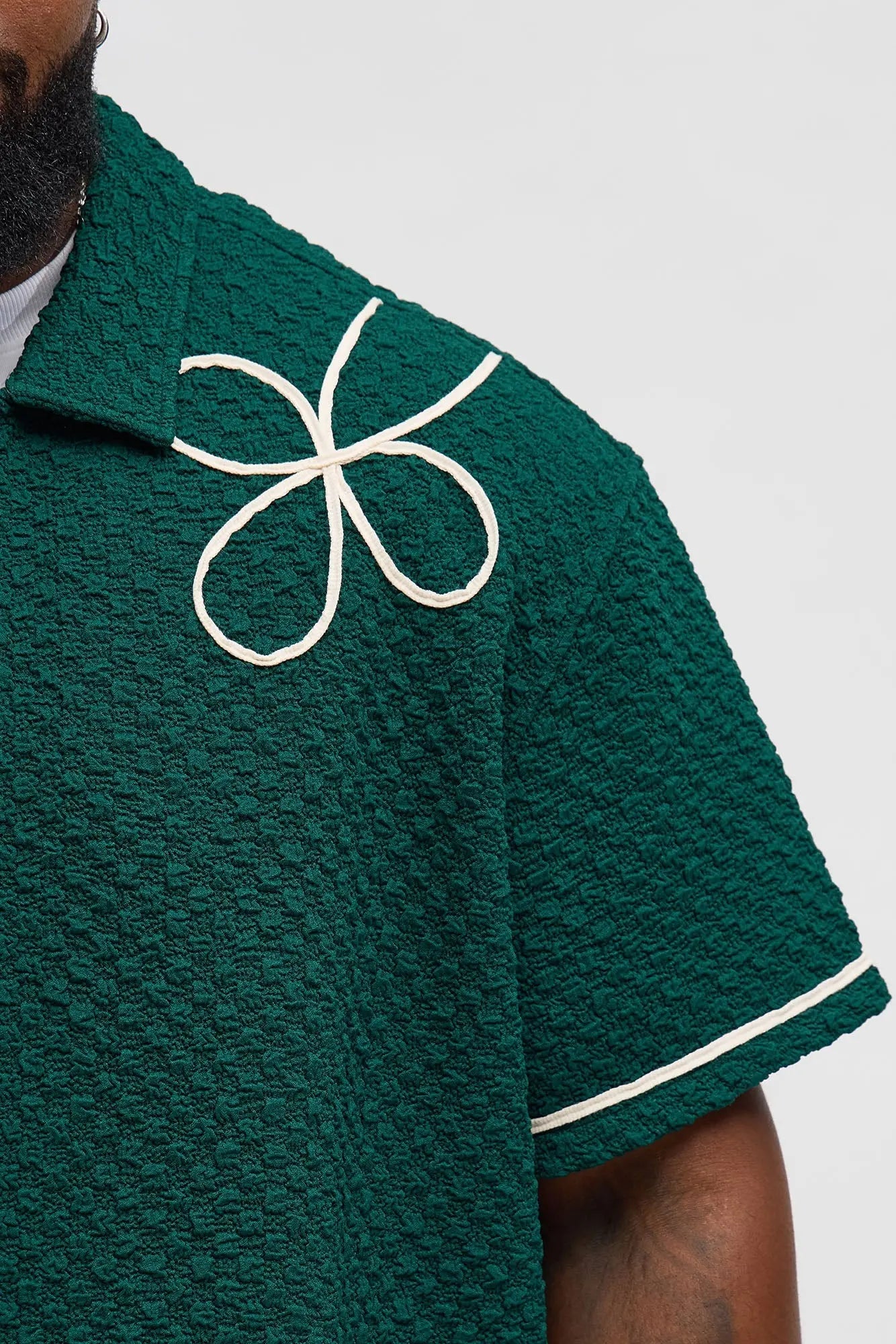 Boxy Soho Weave Applique Textured Button Up Shirt - Hunter Green
