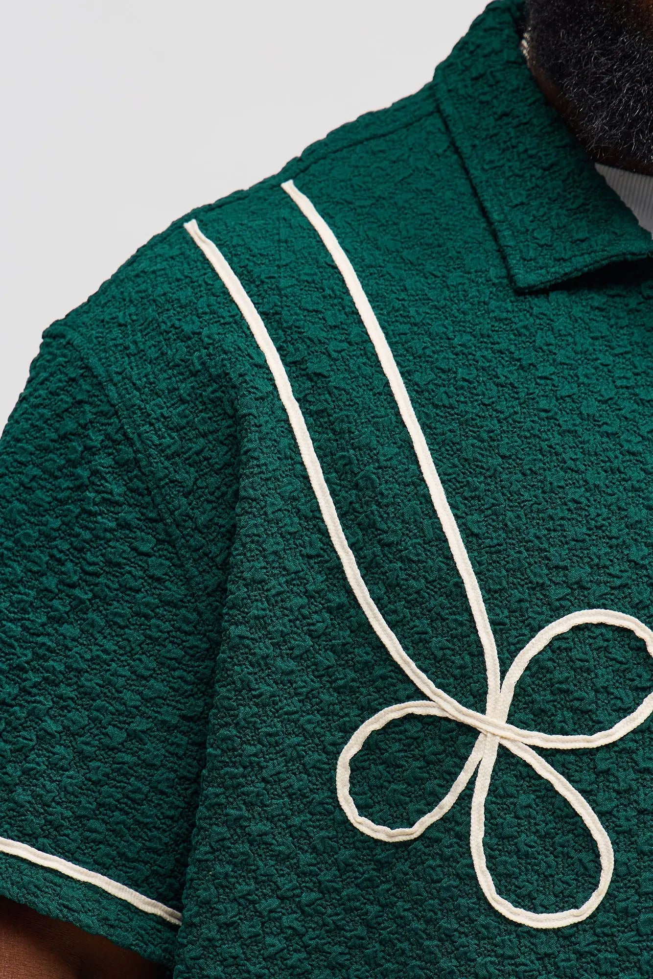 Boxy Soho Weave Applique Textured Button Up Shirt - Hunter Green