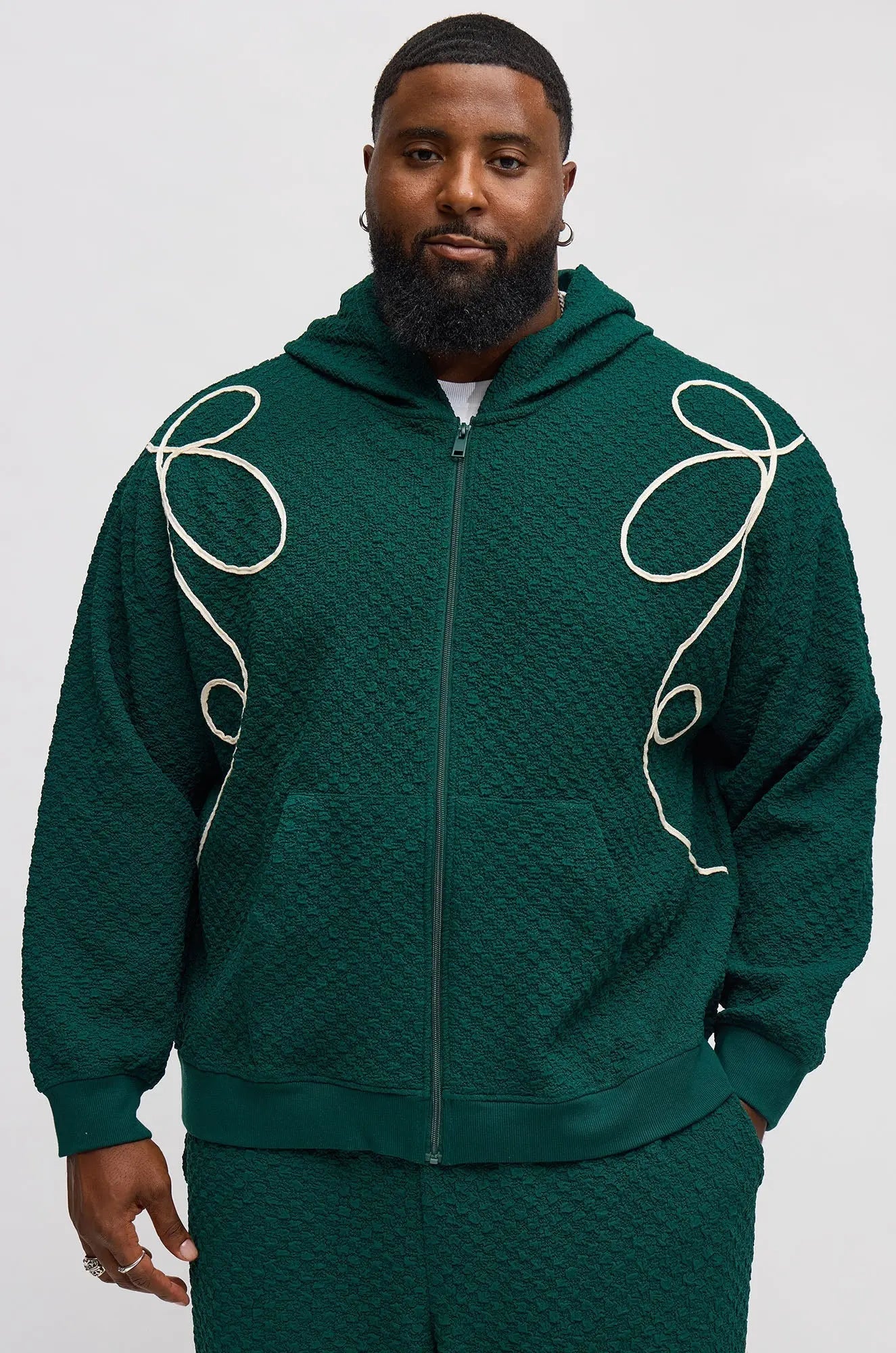 Soho Weave Applique Textured Zip Hoodie - Green