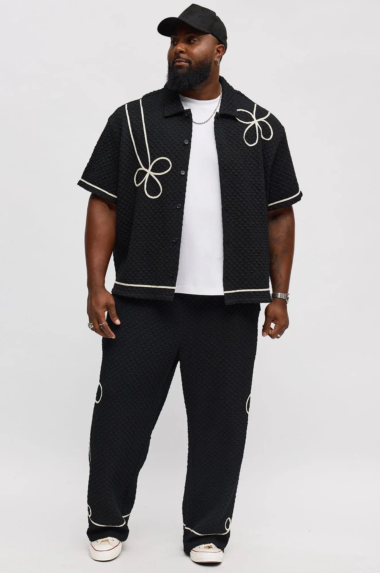 Boxy Soho Weave Applique Textured Button Up Shirt - Black