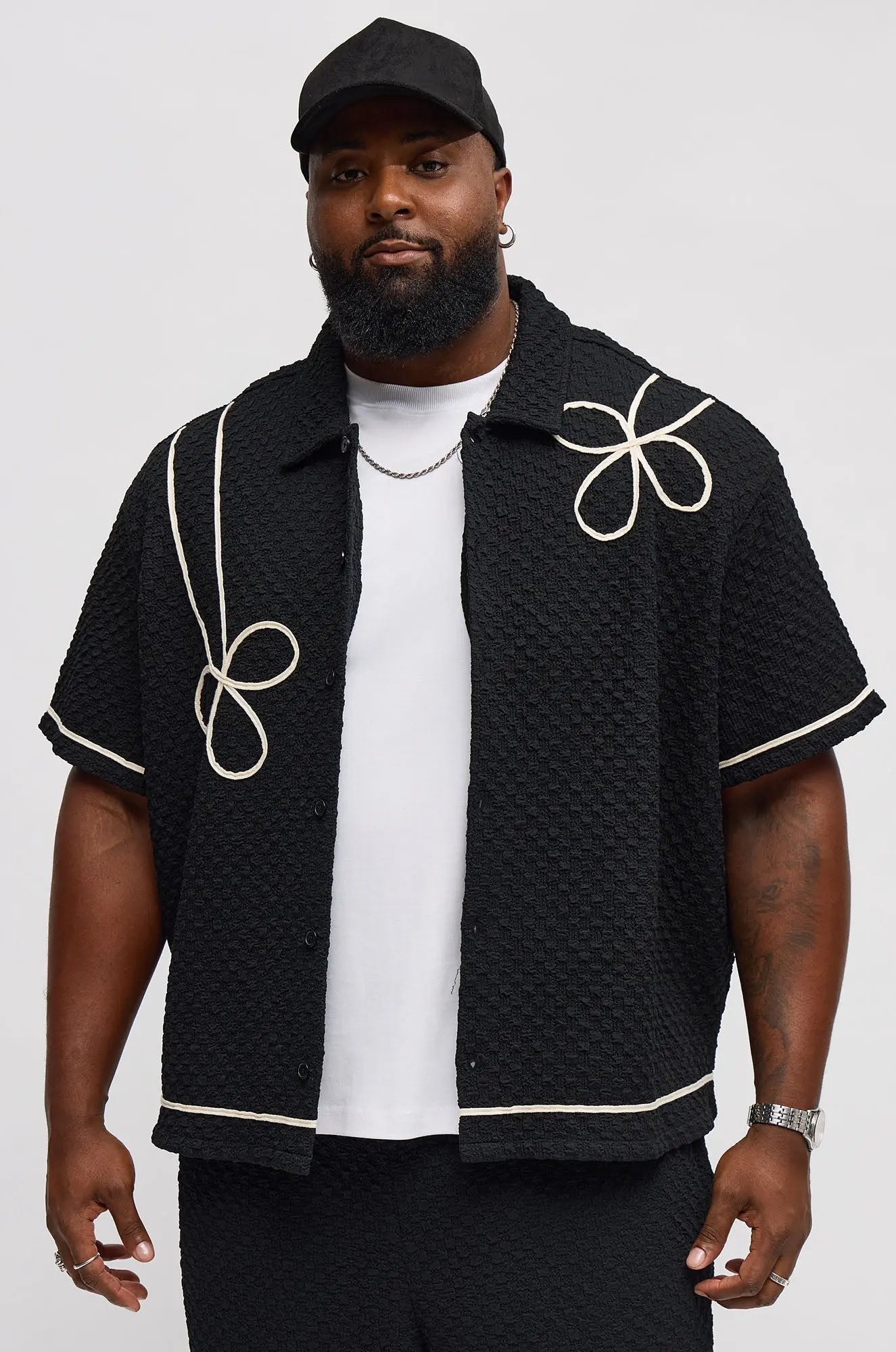 Boxy Soho Weave Applique Textured Button Up Shirt - Black