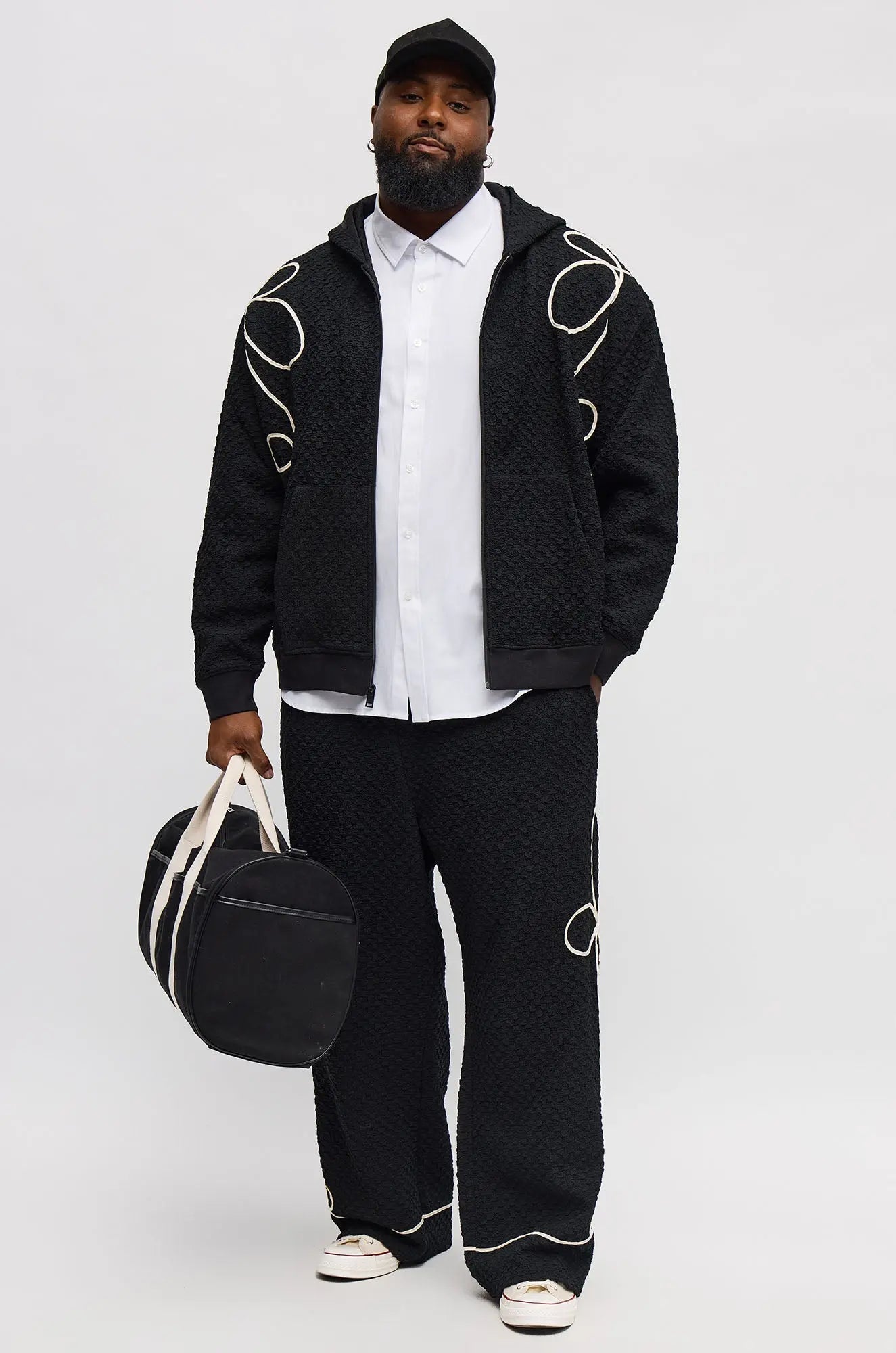 Soho Weave Applique Textured Zip Hoodie - Black