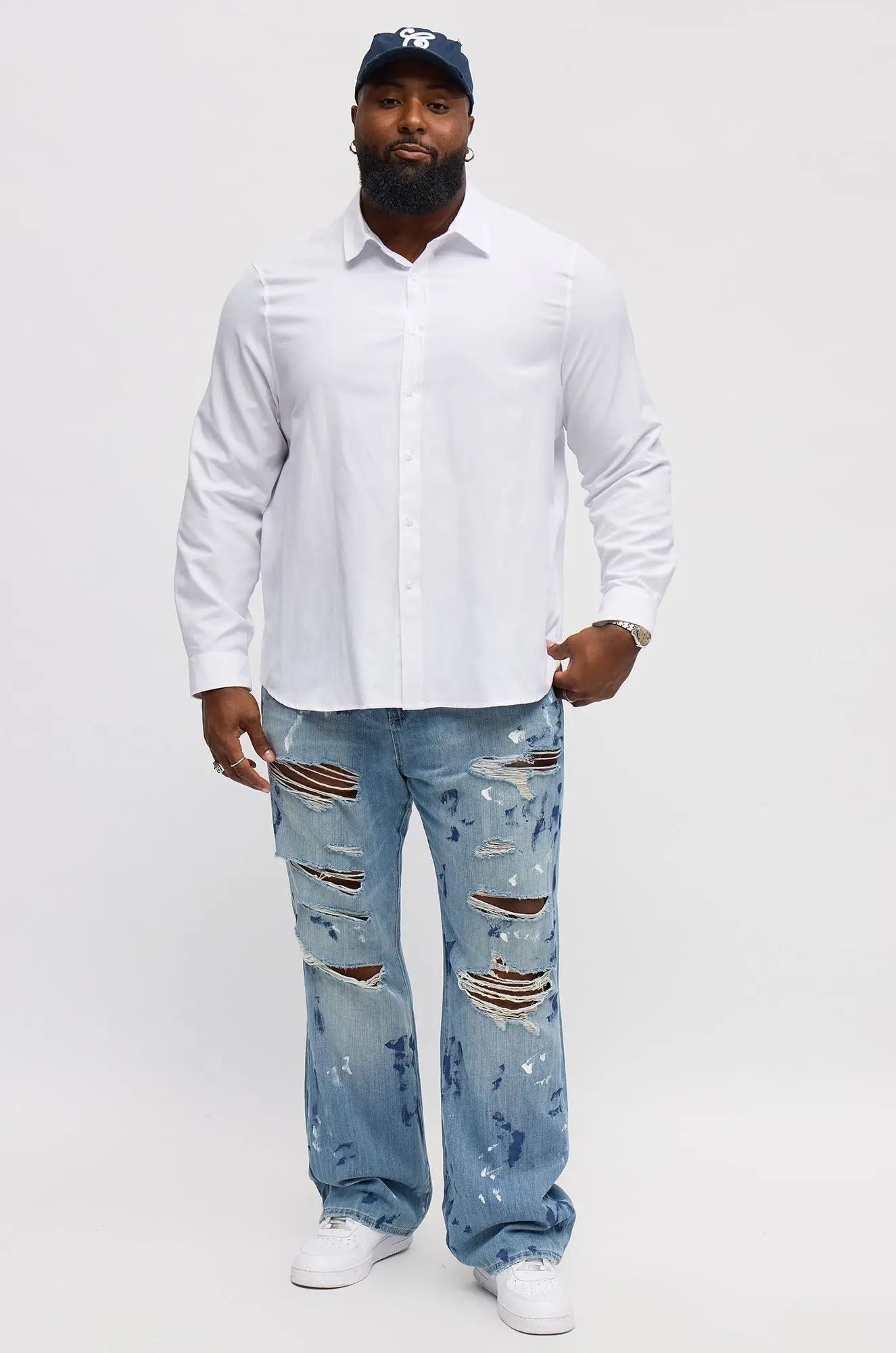 Stacked Slim Flare Call It Art Paint Splatter Ripped Jeans - Medium Blue Wash