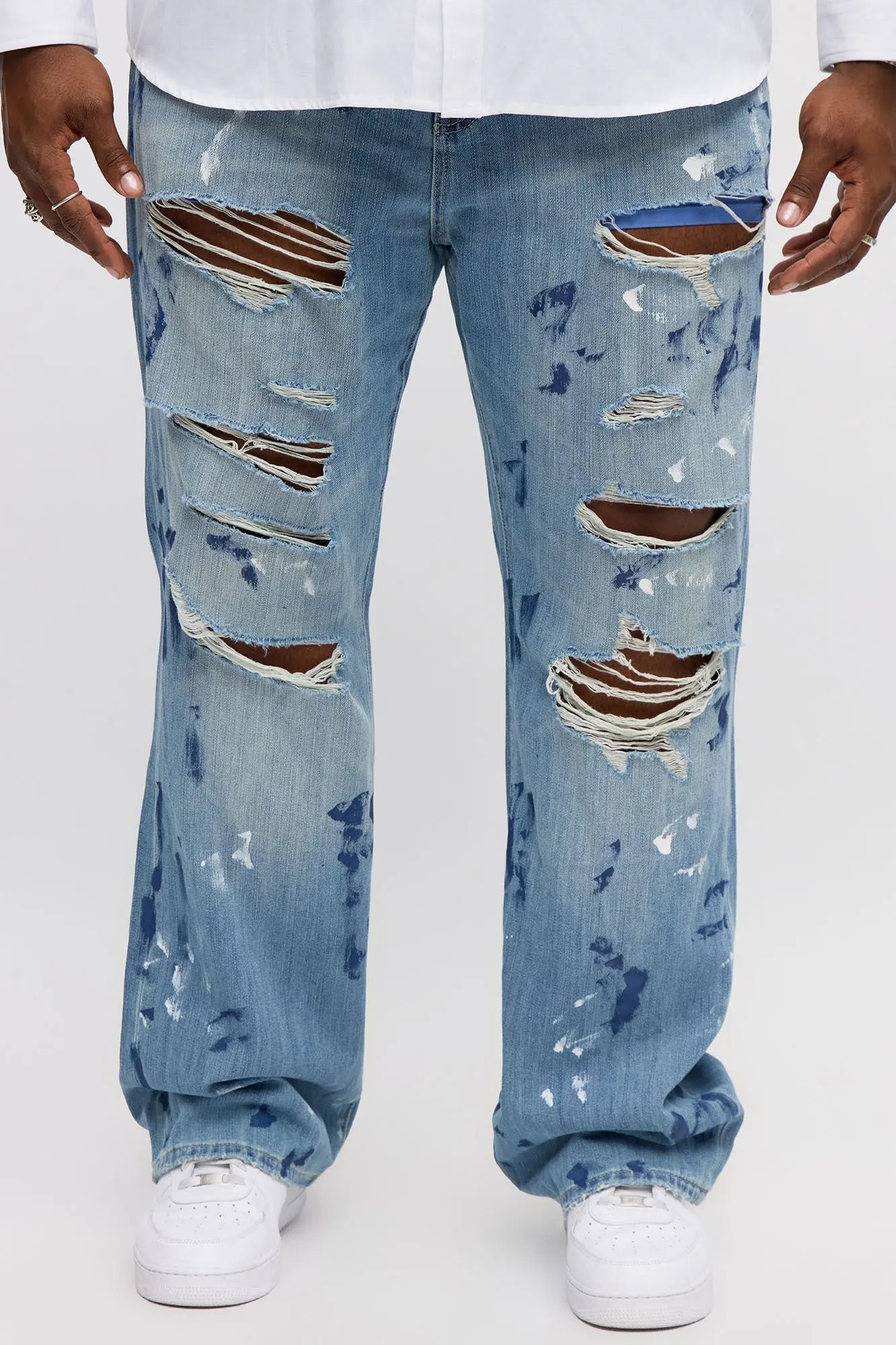 Stacked Slim Flare Call It Art Paint Splatter Ripped Jeans - Medium Blue Wash