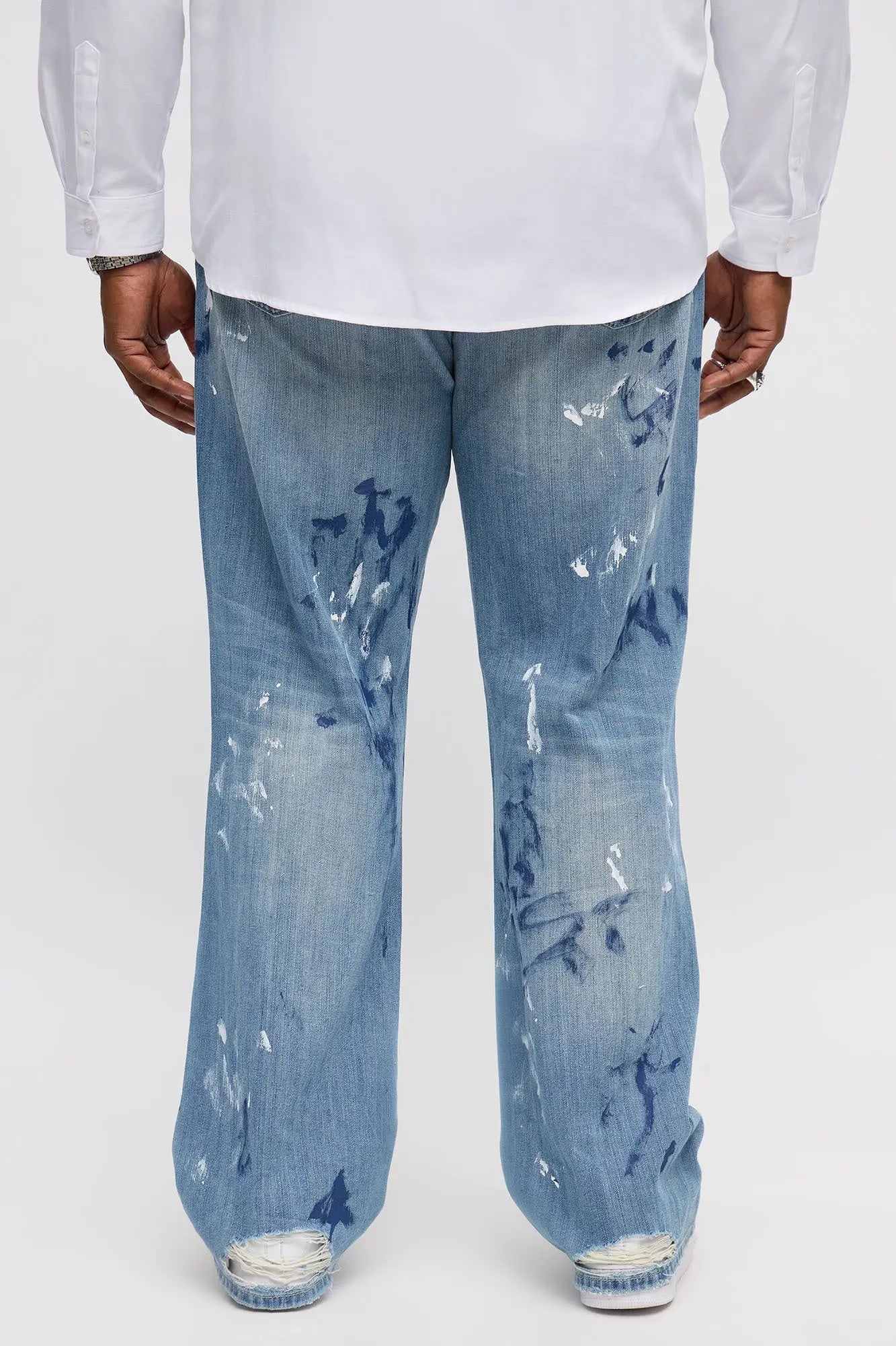 Stacked Slim Flare Call It Art Paint Splatter Ripped Jeans - Medium Blue Wash