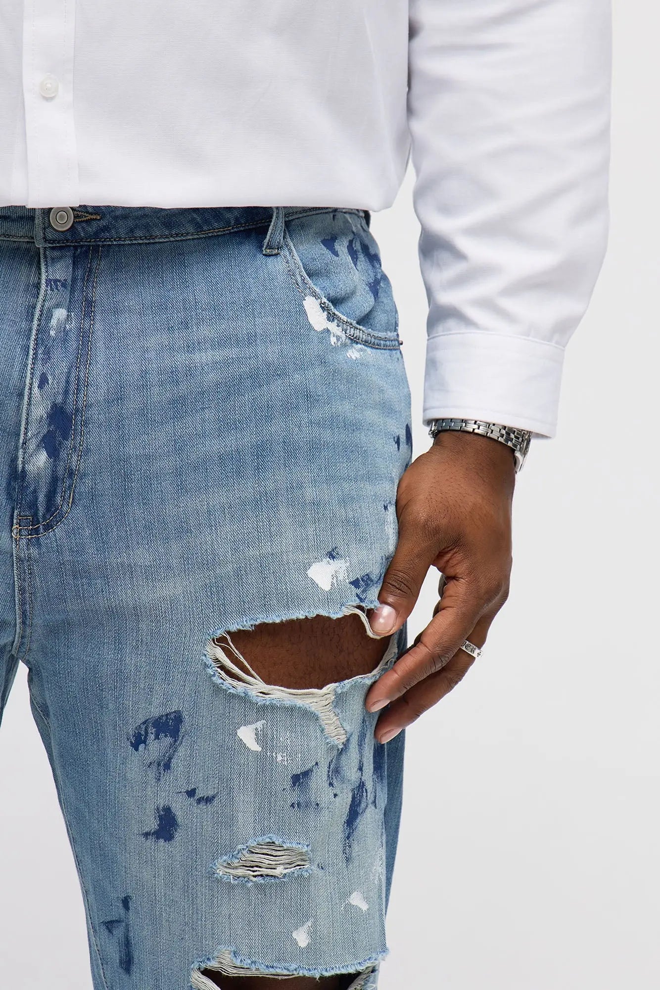 Stacked Slim Flare Call It Art Paint Splatter Ripped Jeans - Medium Blue Wash