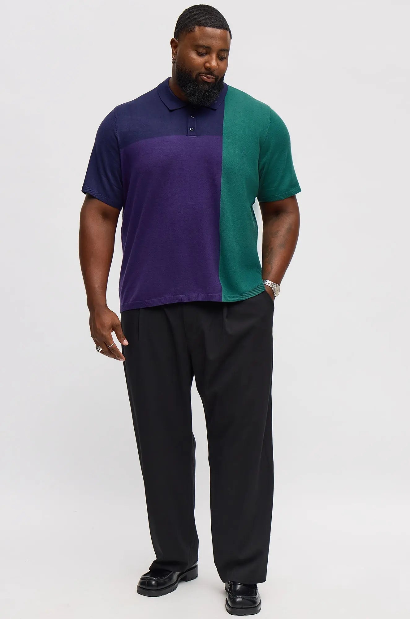 Tetris Color Blocked Knitted Polo - Navy/combo