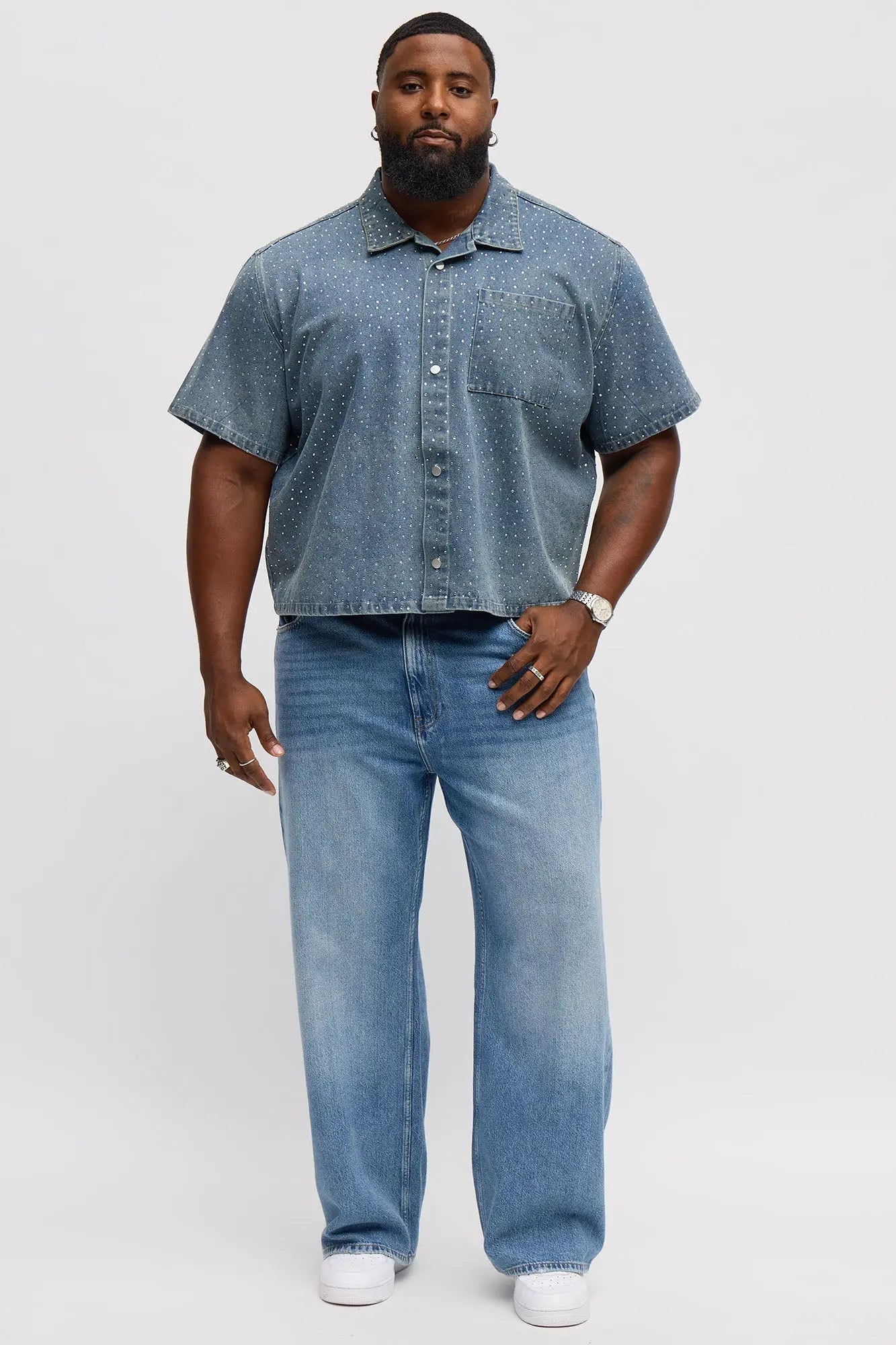 Cropped Embellished Denim Button Up Shirt - Blue Wash