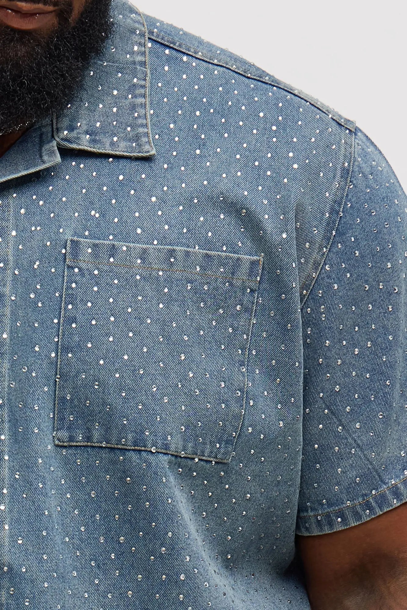 Cropped Embellished Denim Button Up Shirt - Blue Wash