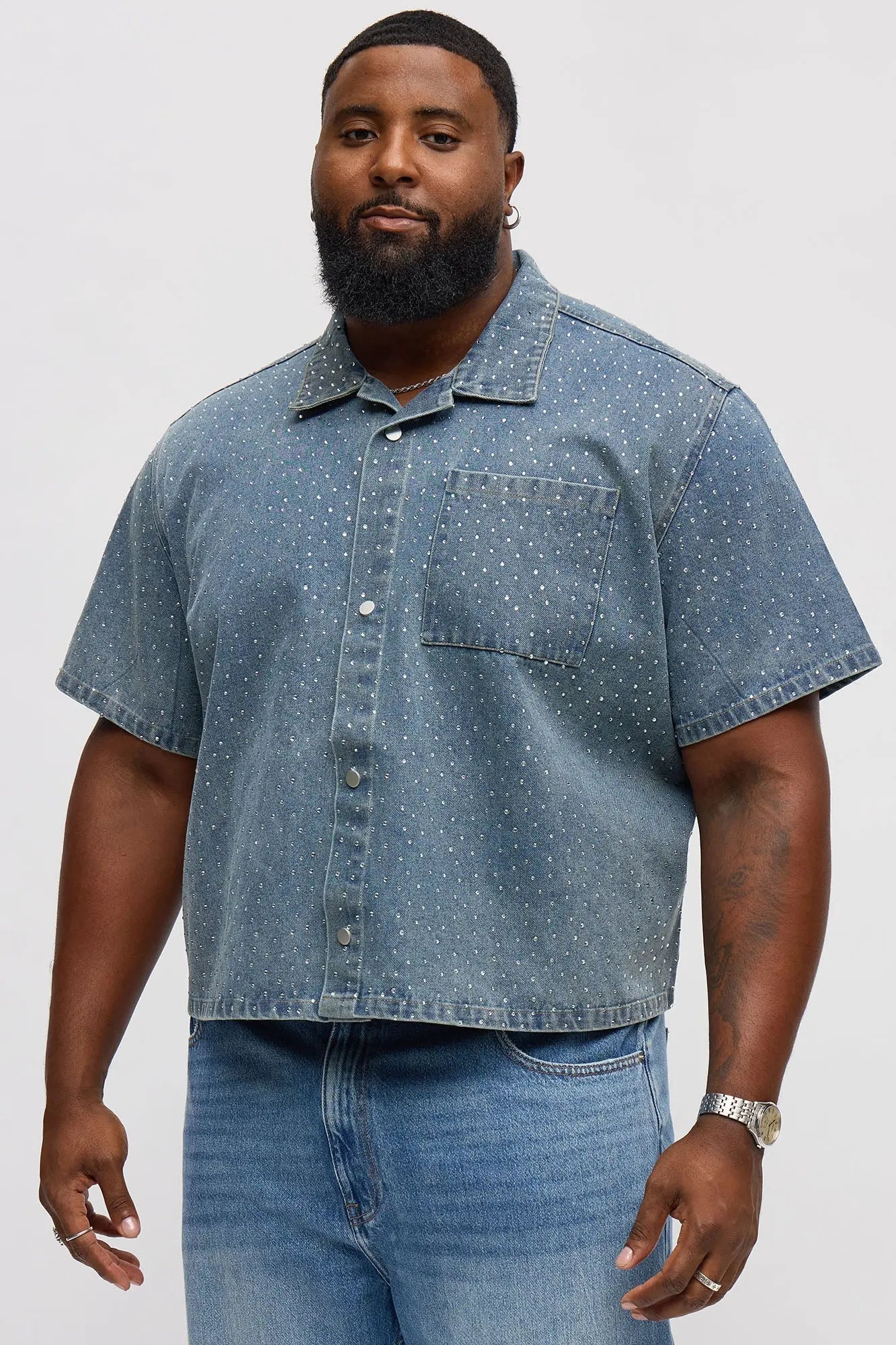 Cropped Embellished Denim Button Up Shirt - Blue Wash