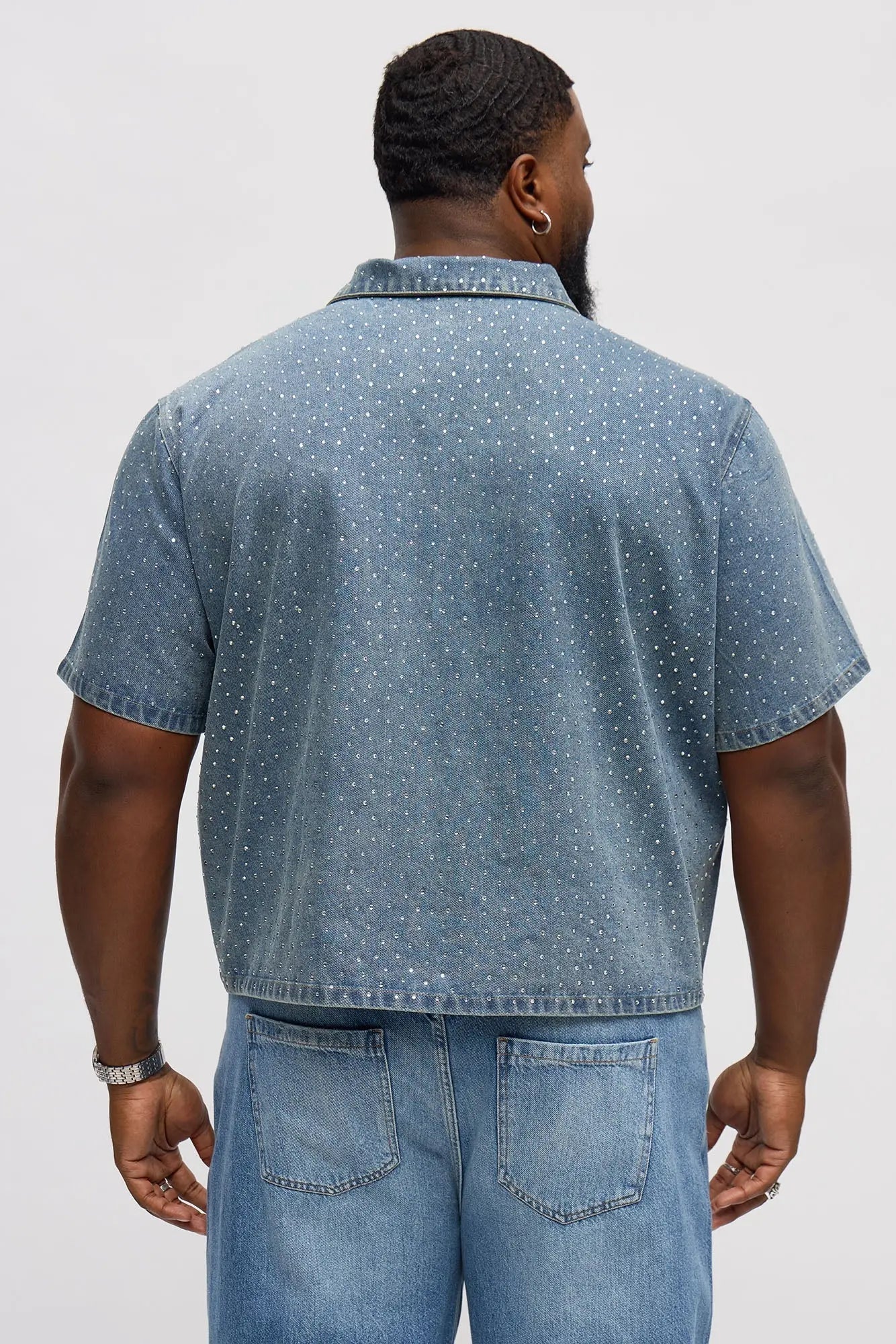 Cropped Embellished Denim Button Up Shirt - Blue Wash