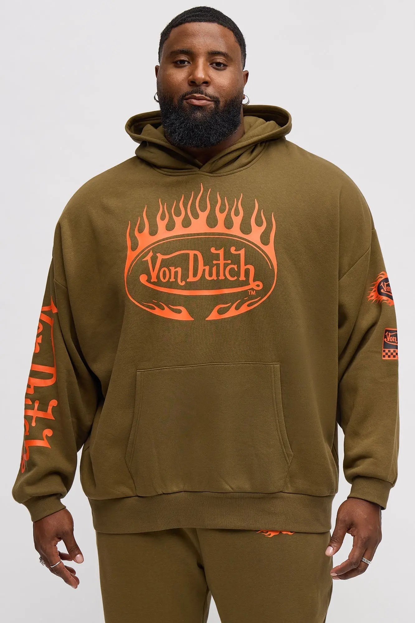 Von Dutch Fire Logo Oversized Hoodie - Olive
