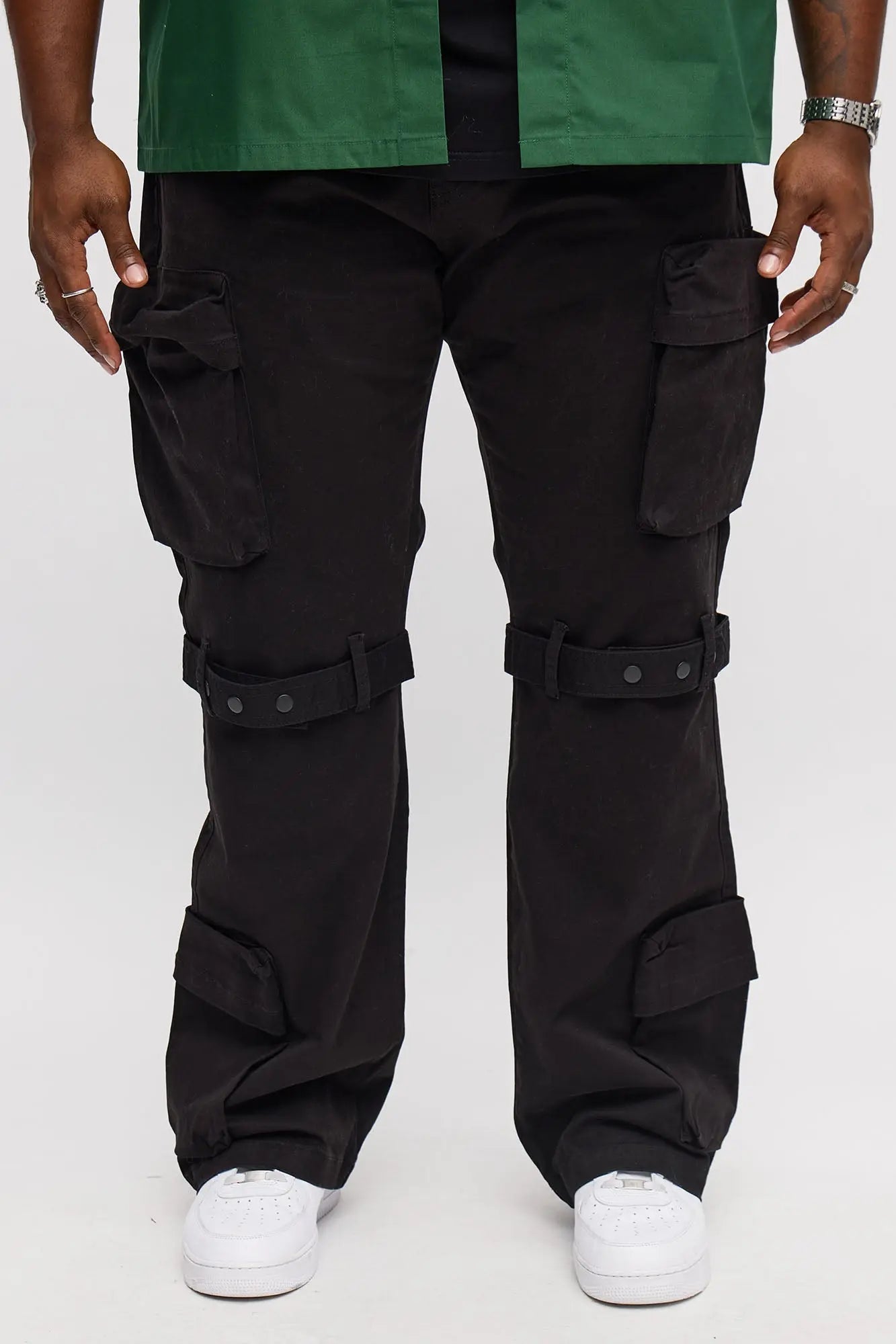 Stacked Slim Flare Knee Strap Cargo Pant - Black