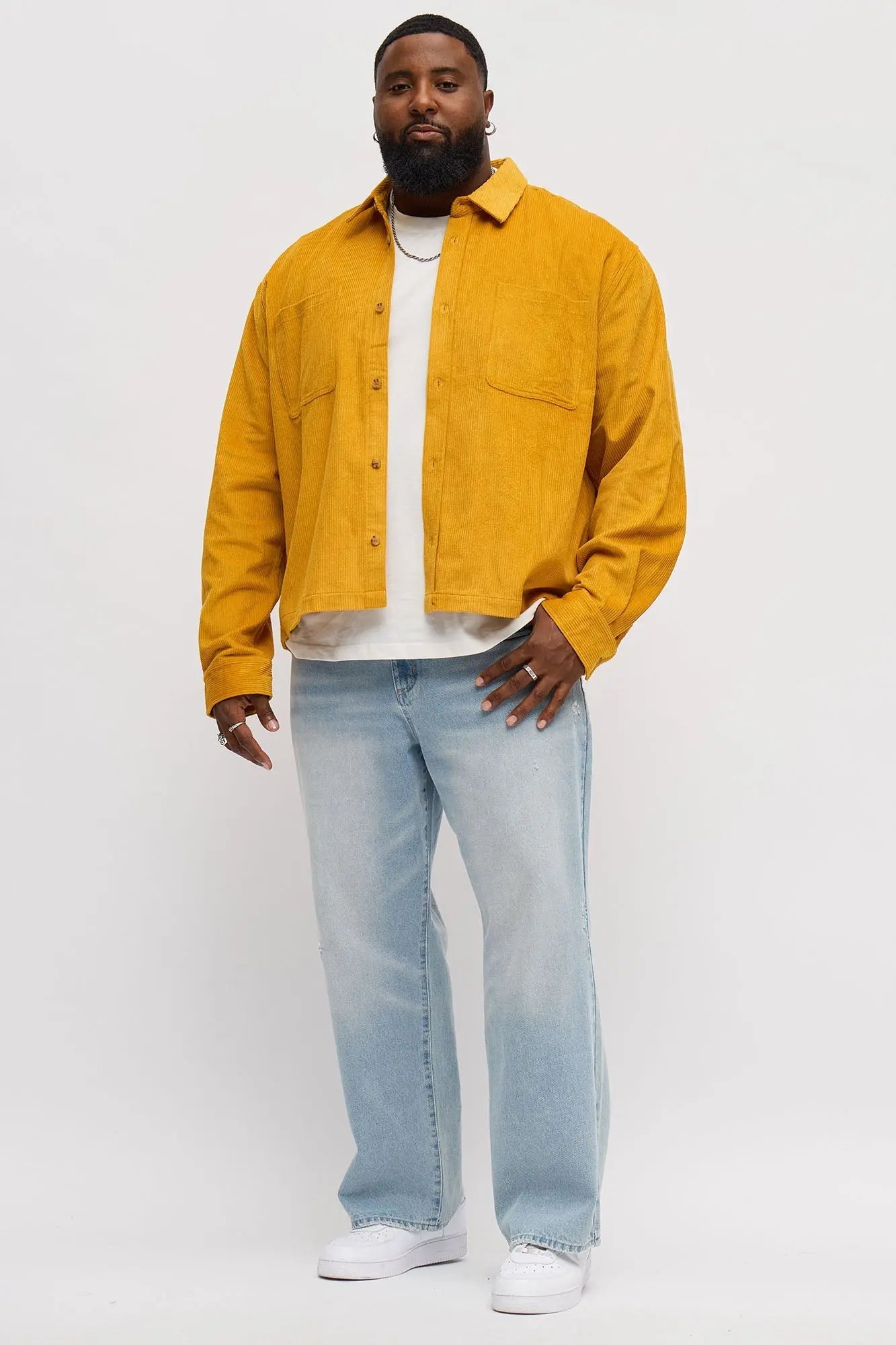 Cropped Corduroy Button Up Shirt - Mustard
