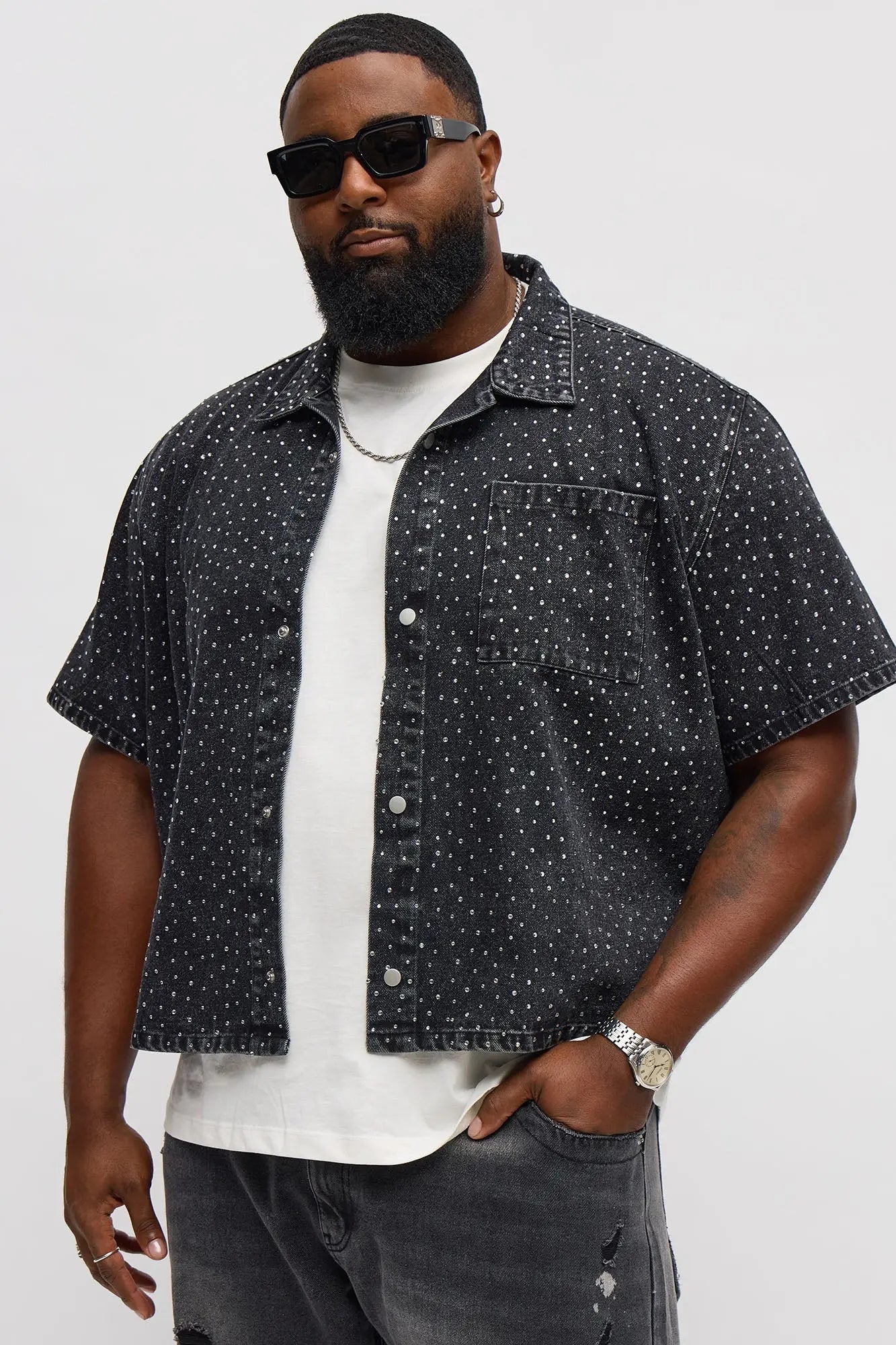 Cropped Embellished Denim Button Up Shirt - Black Wash