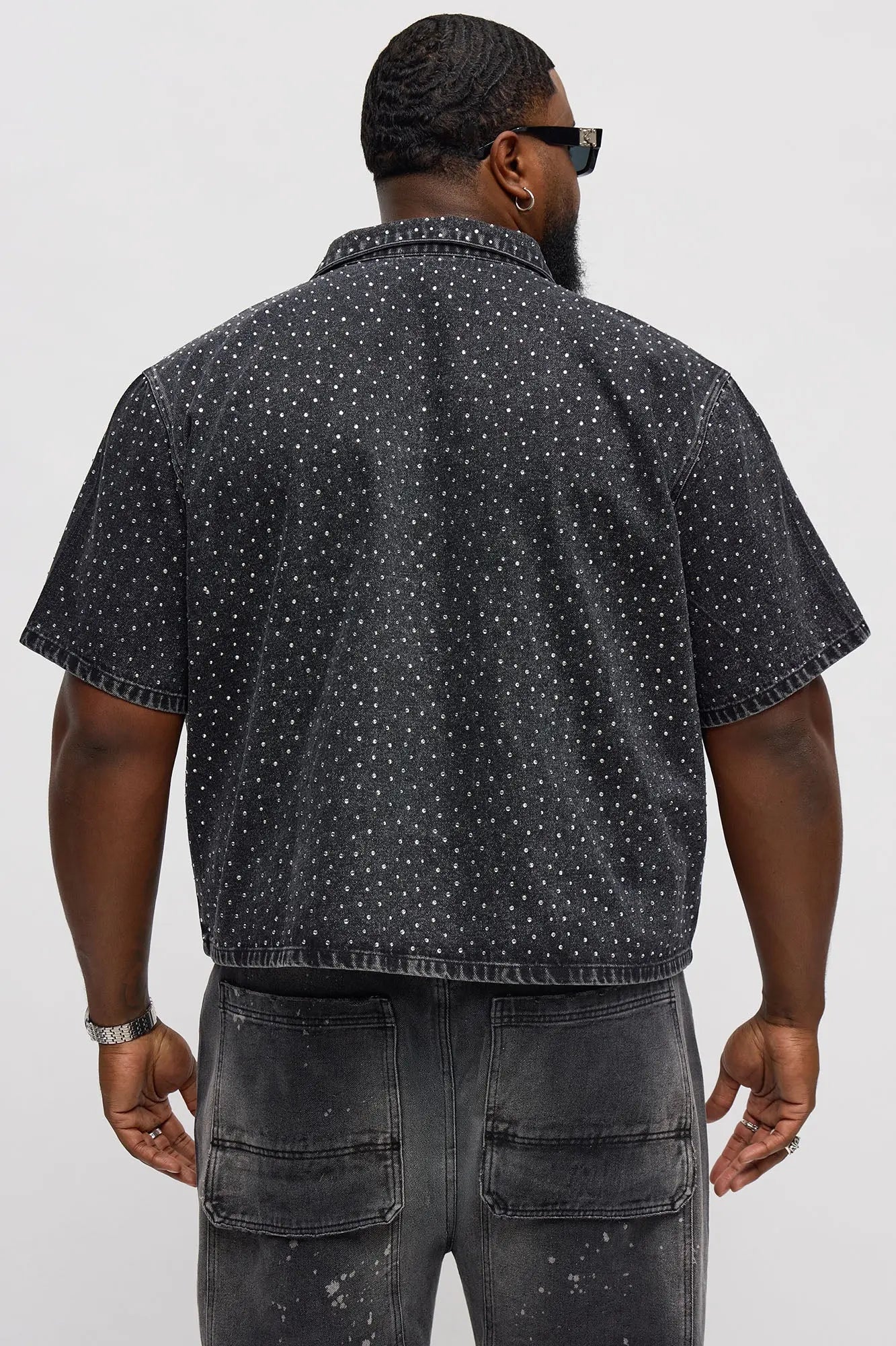Cropped Embellished Denim Button Up Shirt - Black Wash