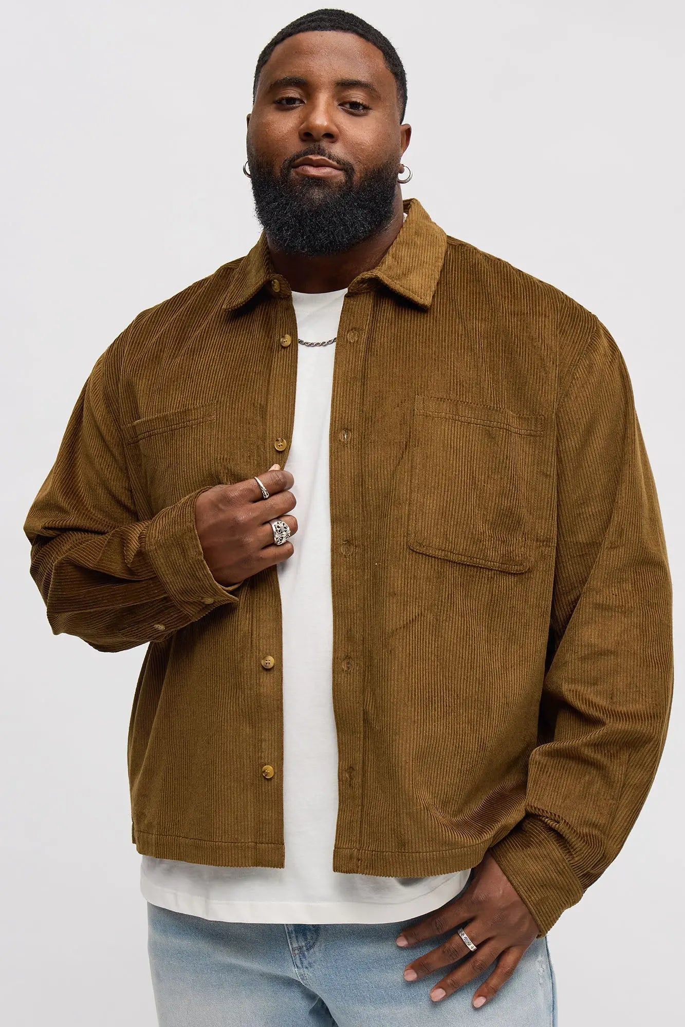 Cropped Corduroy Button Up Shirt - Brown